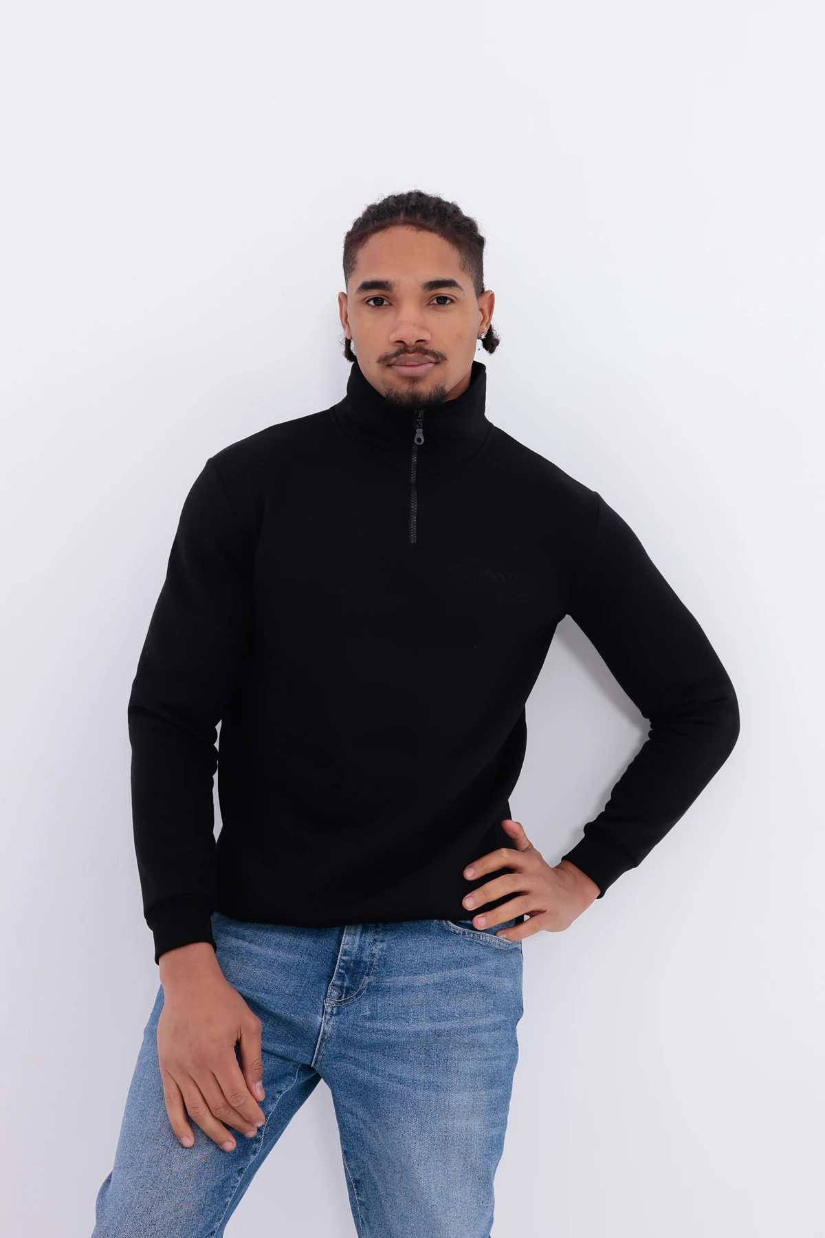 Sıfır4 Yarım Fermuarlı 3 iplik şardonlu  Sweatshirt siyah