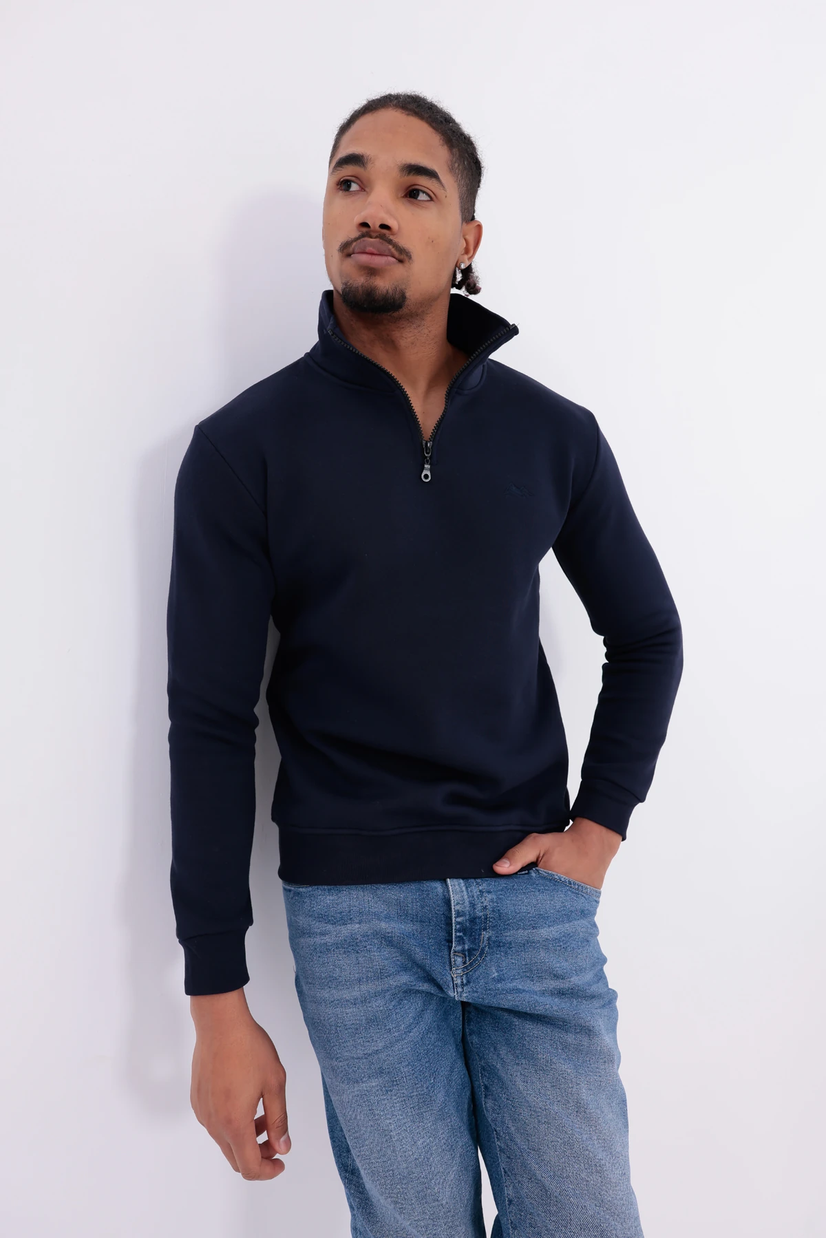 Sıfır4 Yarım Fermuarlı 3 iplik şardonlu  Sweatshirt Lacivert