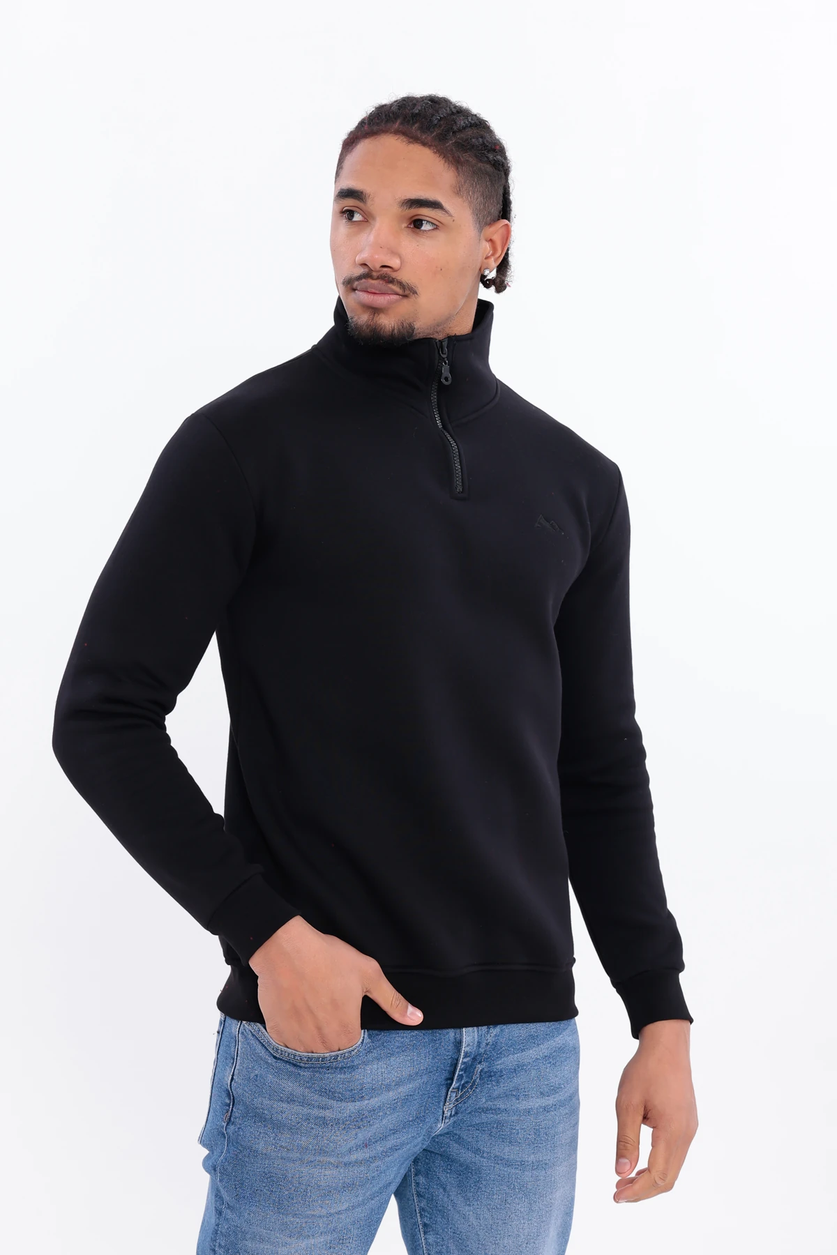 Sıfır4 Yarım Fermuarlı 3 iplik şardonlu  Sweatshirt siyah