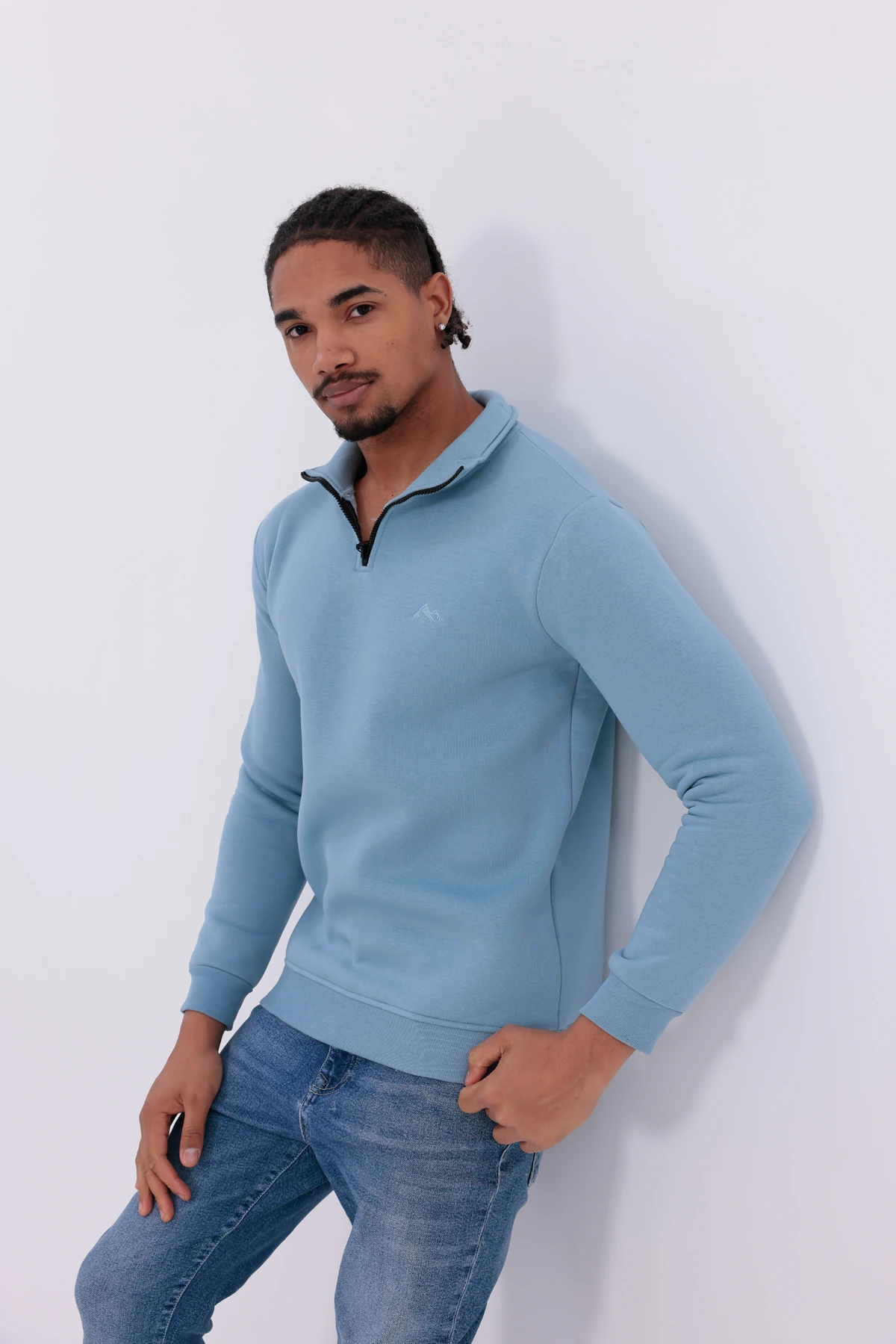 Sıfır4 Yarım Fermuarlı 3 iplik şardonlu  Sweatshirt gökyüzü mavisi