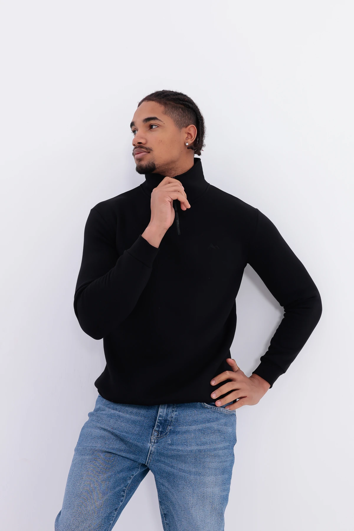 Sıfır4 Yarım Fermuarlı 3 iplik şardonlu  Sweatshirt siyah