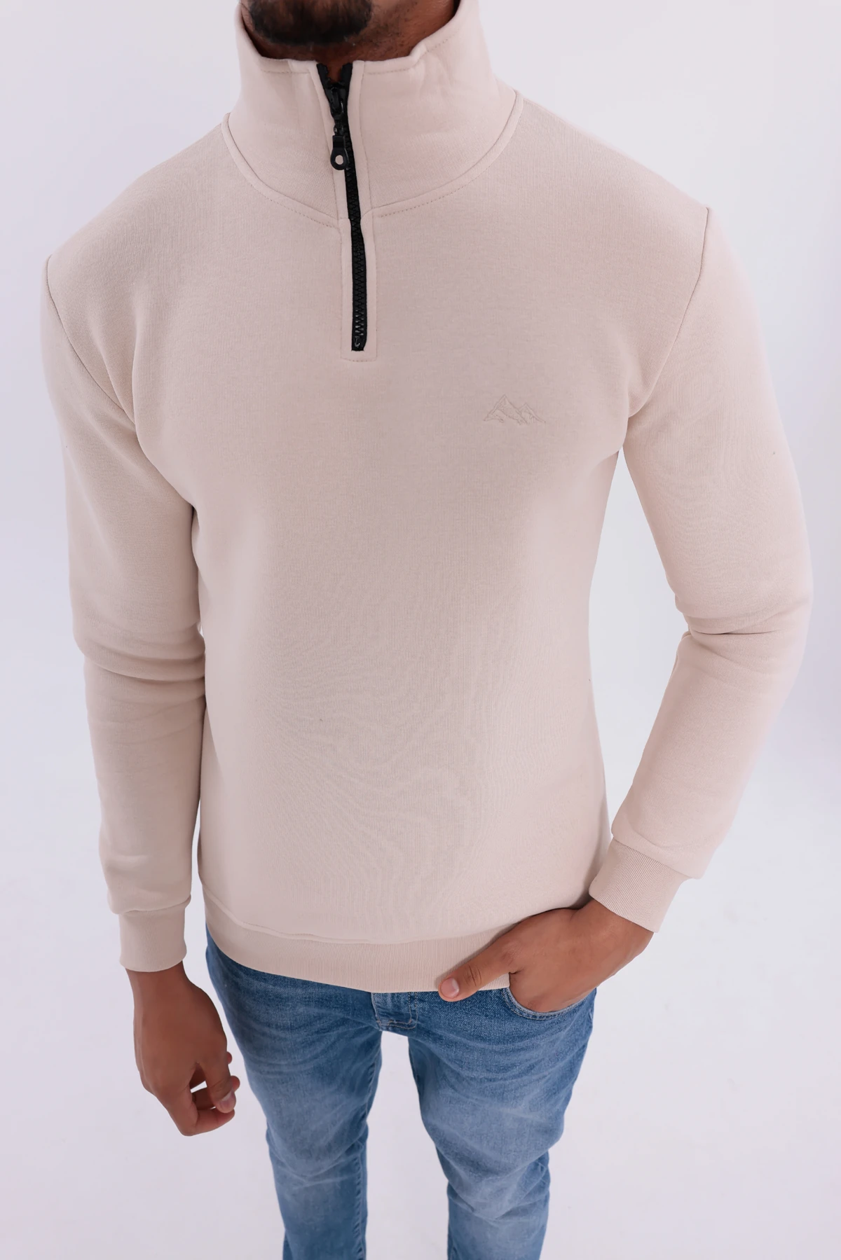 Sıfır4 Yarım Fermuarlı 3 iplik şardonlu  Sweatshirt Krem