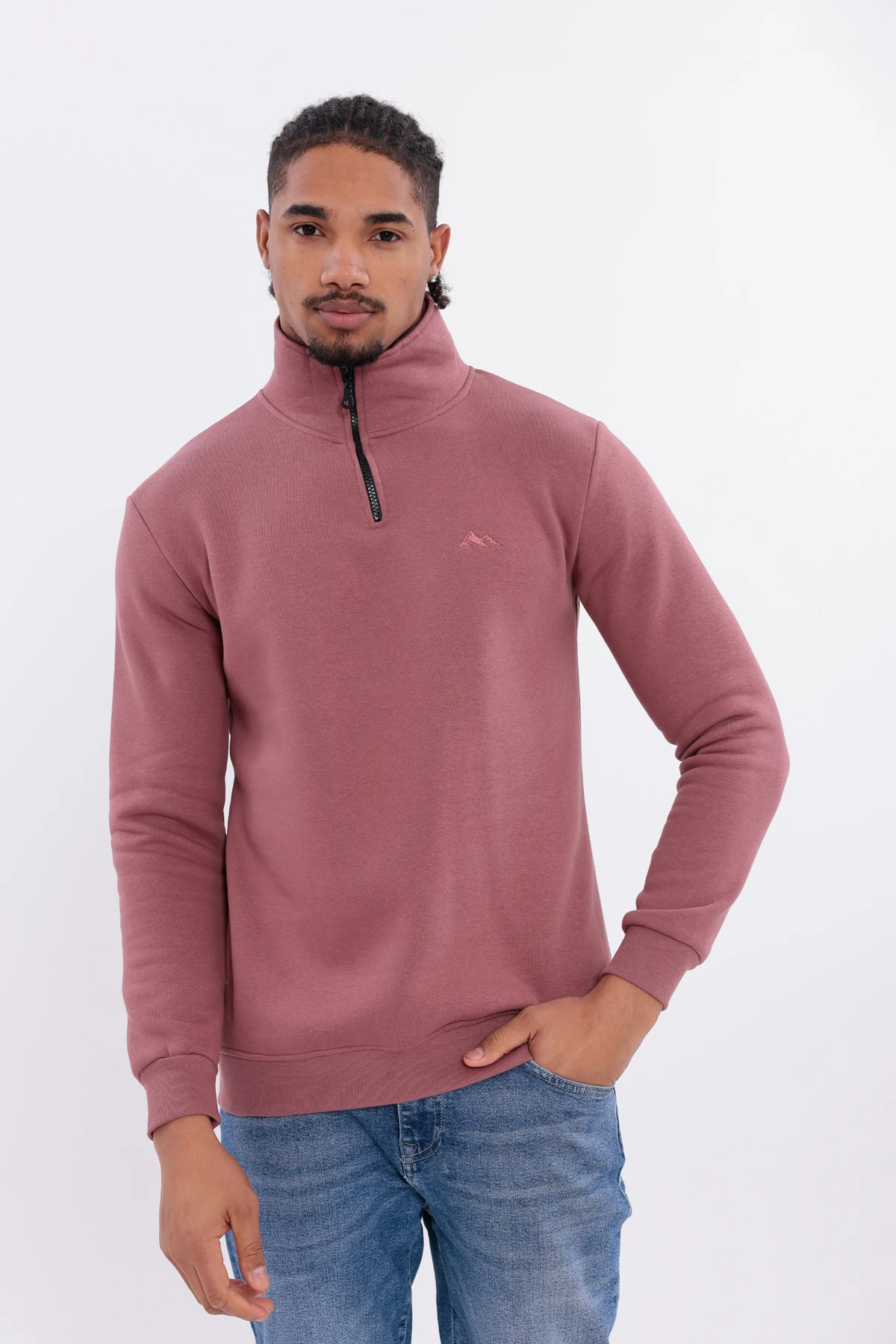 Sıfır4 Yarım Fermuarlı 3 iplik şardonlu  Sweatshirt gökyüzü mavisi Gül Kurusu