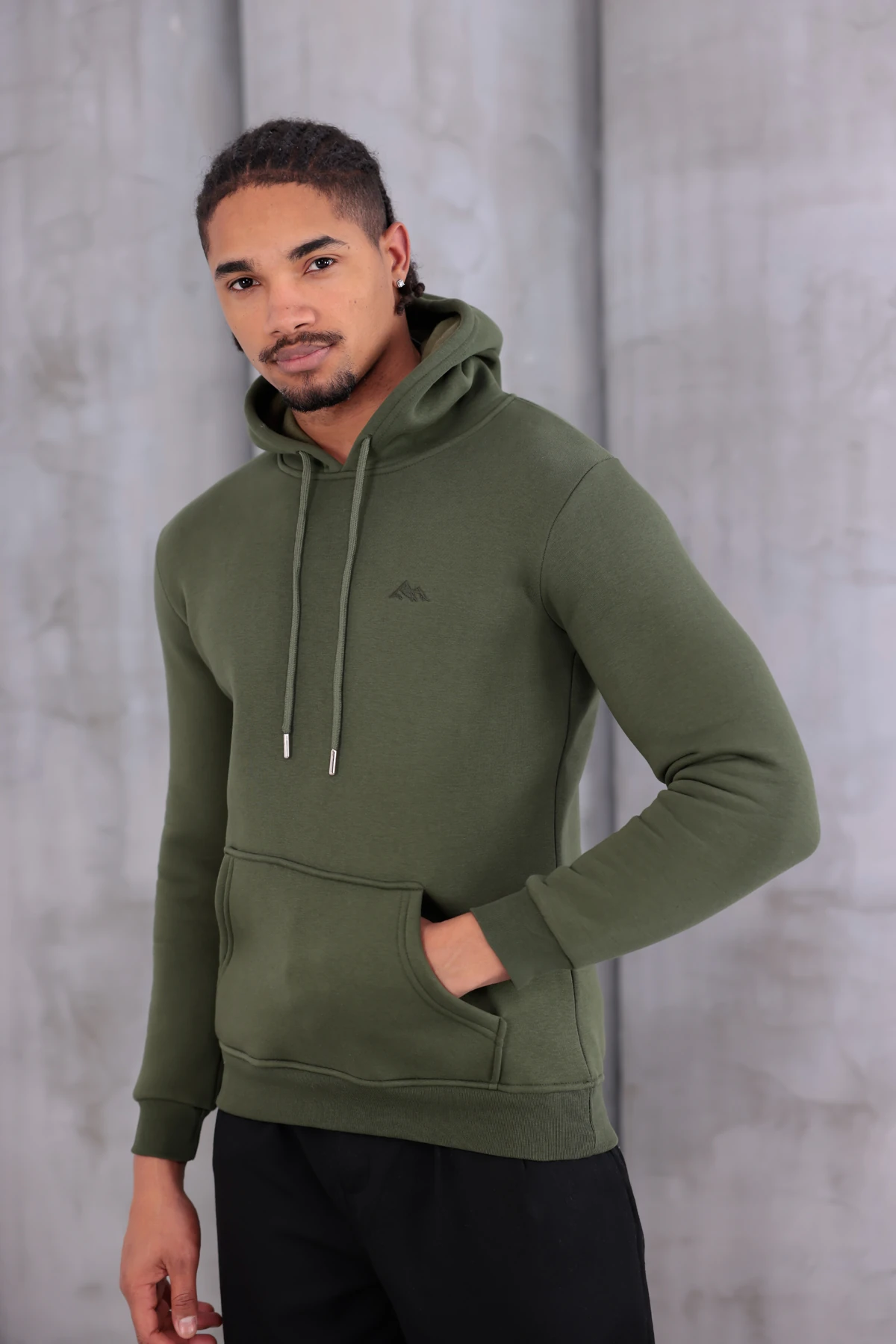 SIFIR4 3 İplik Şardonlu Kapüşonlu Sweatshirt Haki Yeşili