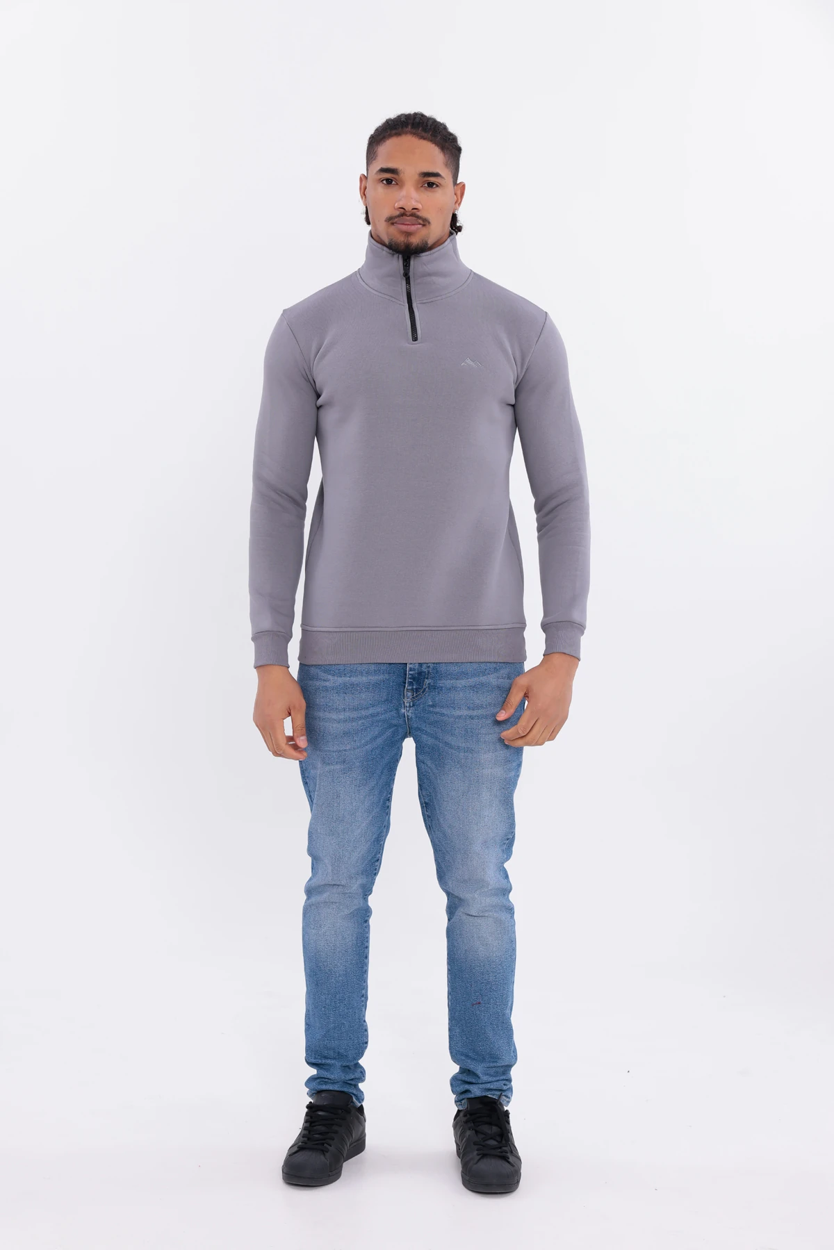 Sıfır4 Yarım Fermuarlı 3 iplik şardonlu  Sweatshirt GRİ