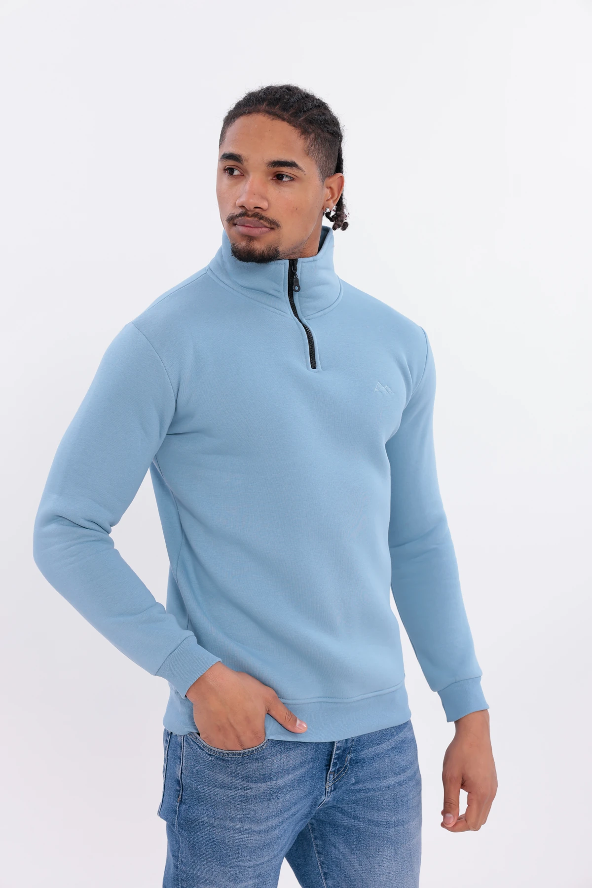 Sıfır4 Yarım Fermuarlı 3 iplik şardonlu  Sweatshirt gökyüzü mavisi