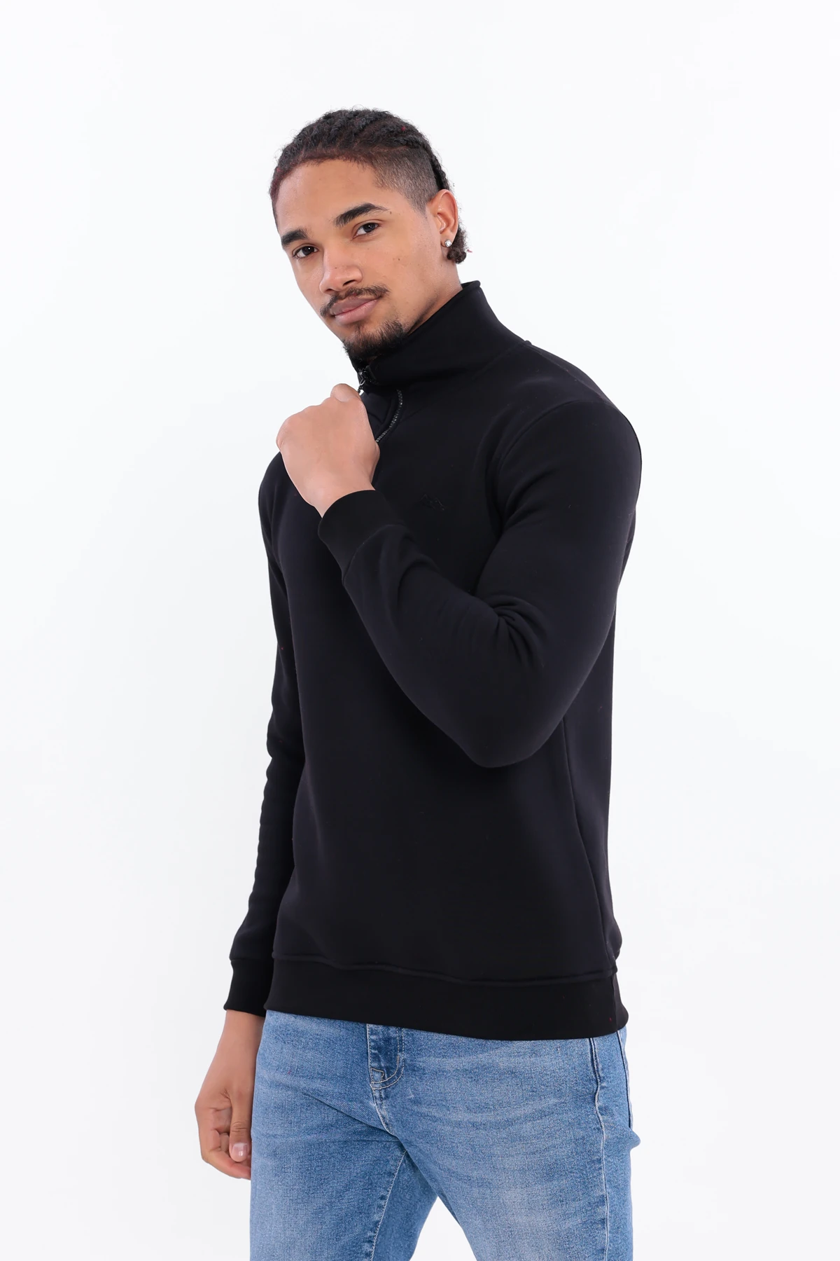 Sıfır4 Yarım Fermuarlı 3 iplik şardonlu  Sweatshirt siyah