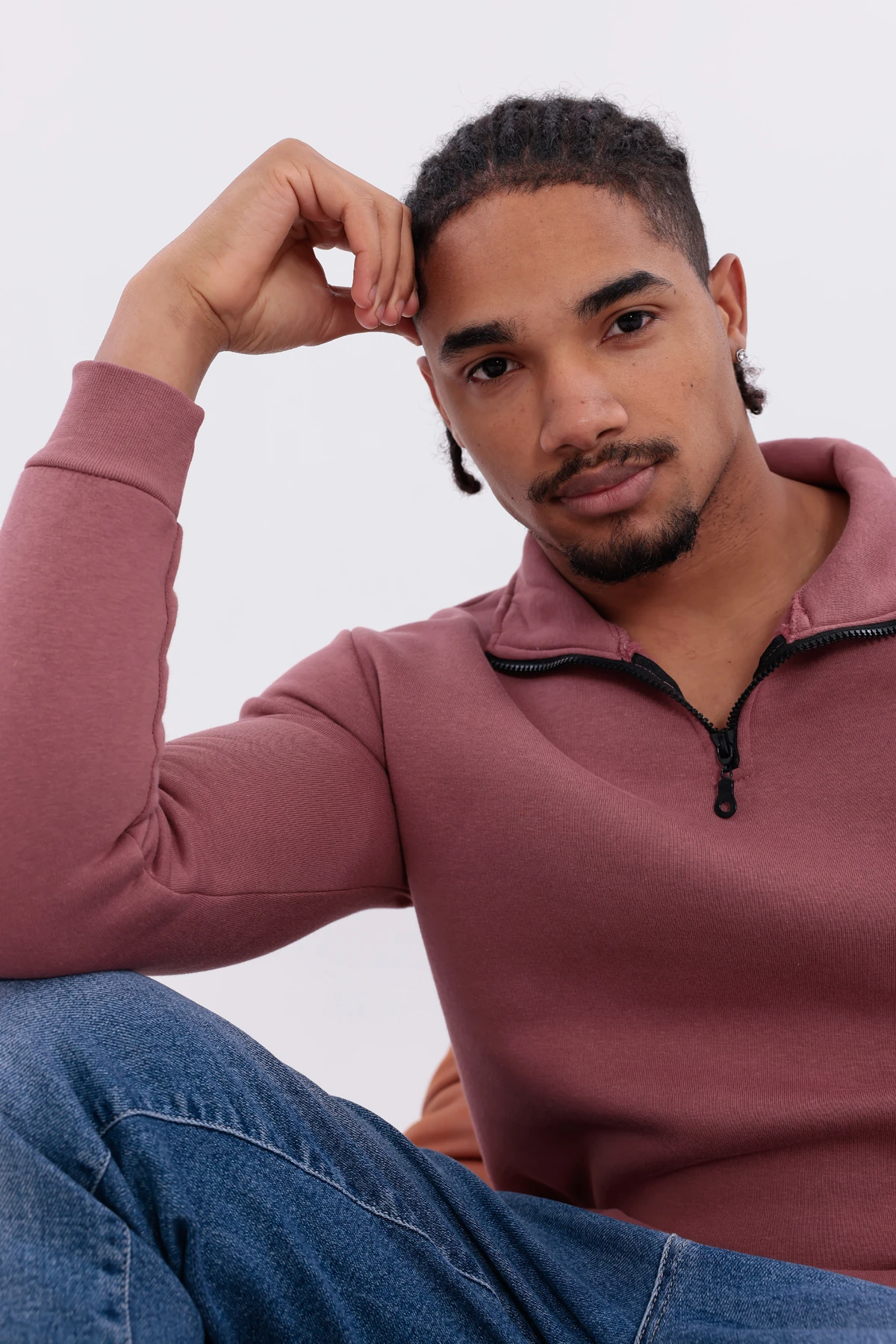 Sıfır4 Yarım Fermuarlı 3 iplik şardonlu  Sweatshirt gökyüzü mavisi Gül Kurusu