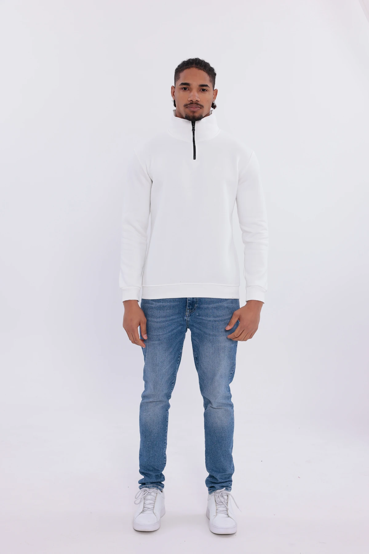 Sıfır4 Yarım Fermuarlı 3 iplik şardonlu  Sweatshirt Beyaz