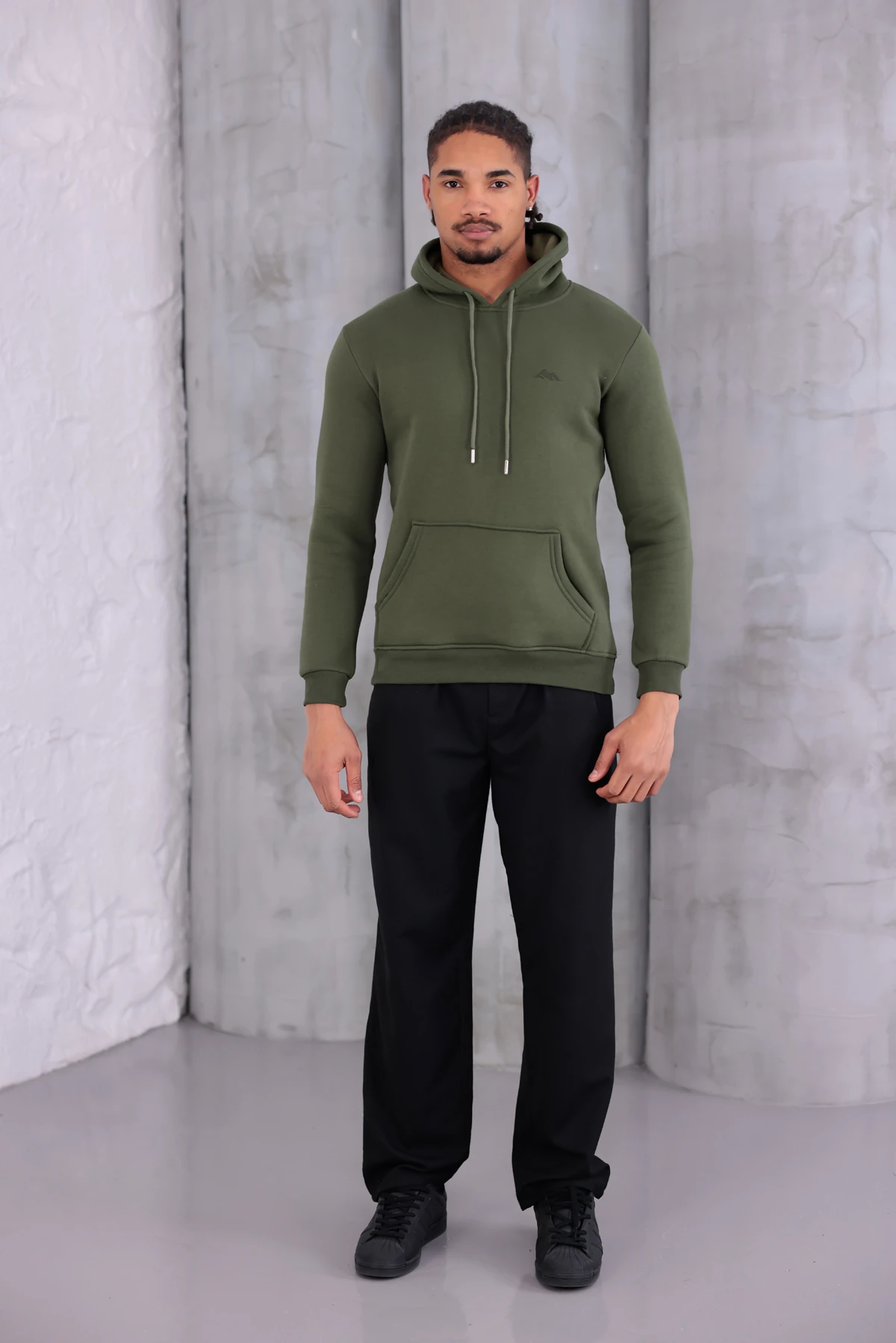 SIFIR4 3 İplik Şardonlu Kapüşonlu Sweatshirt Haki Yeşili