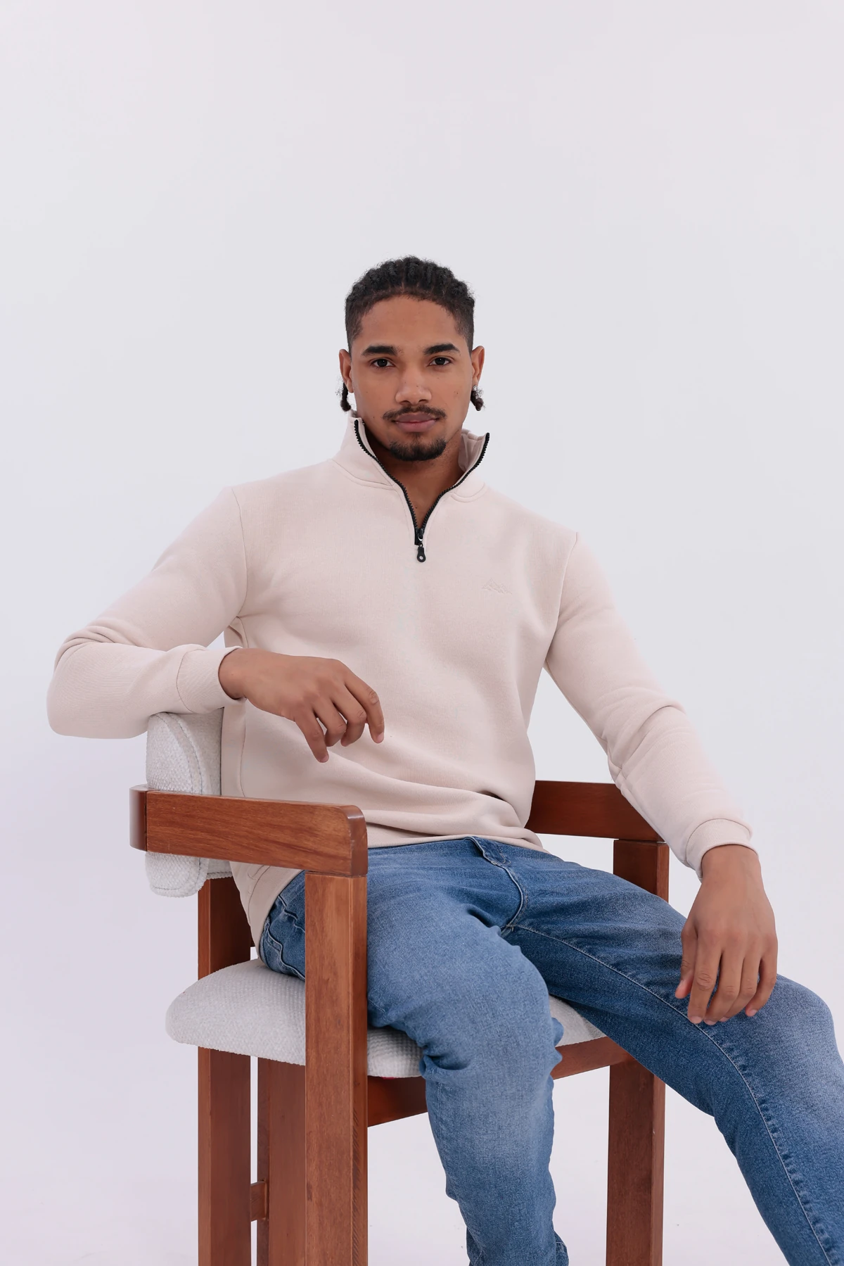 Sıfır4 Yarım Fermuarlı 3 iplik şardonlu  Sweatshirt Krem