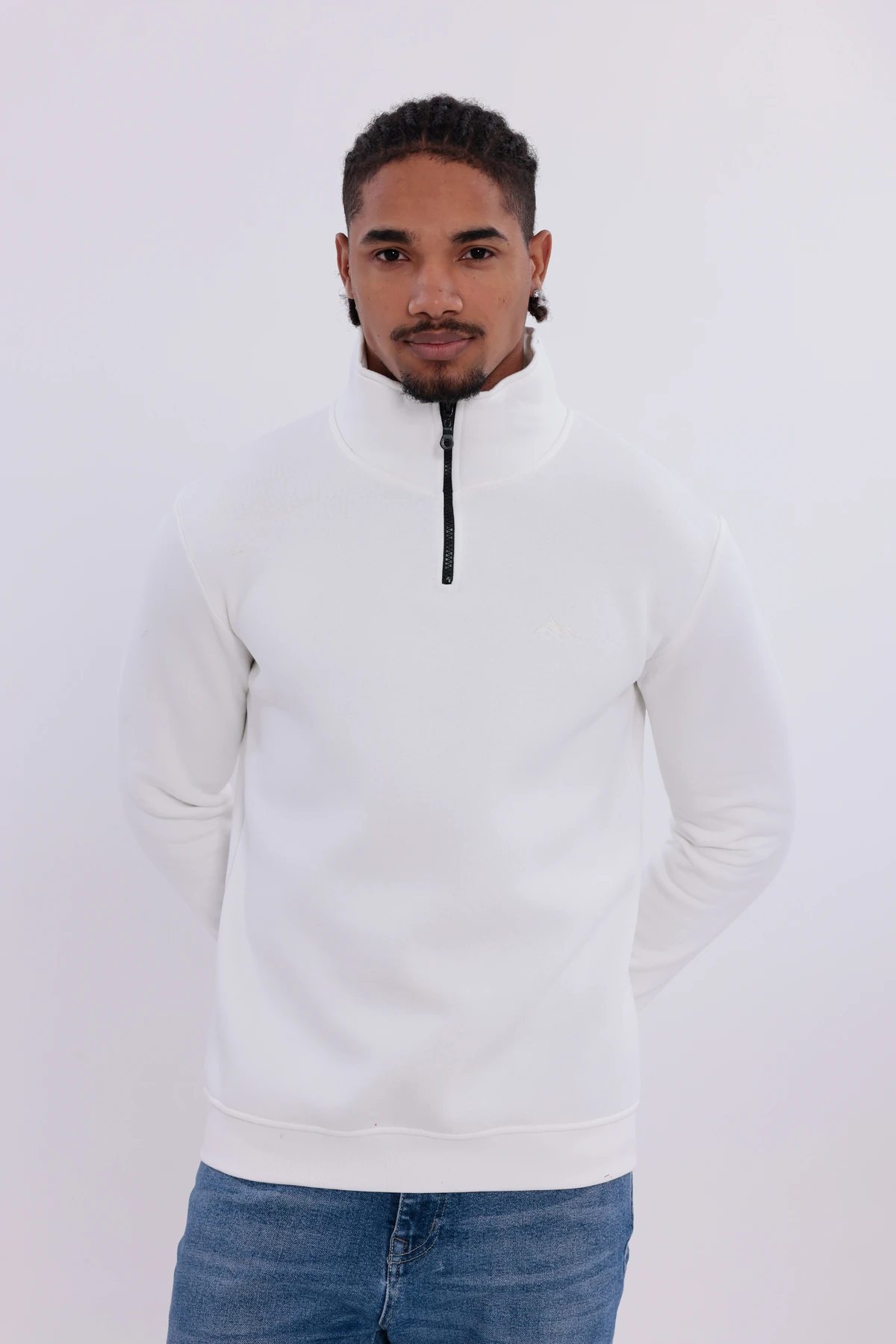 Sıfır4 Yarım Fermuarlı 3 iplik şardonlu  Sweatshirt Beyaz