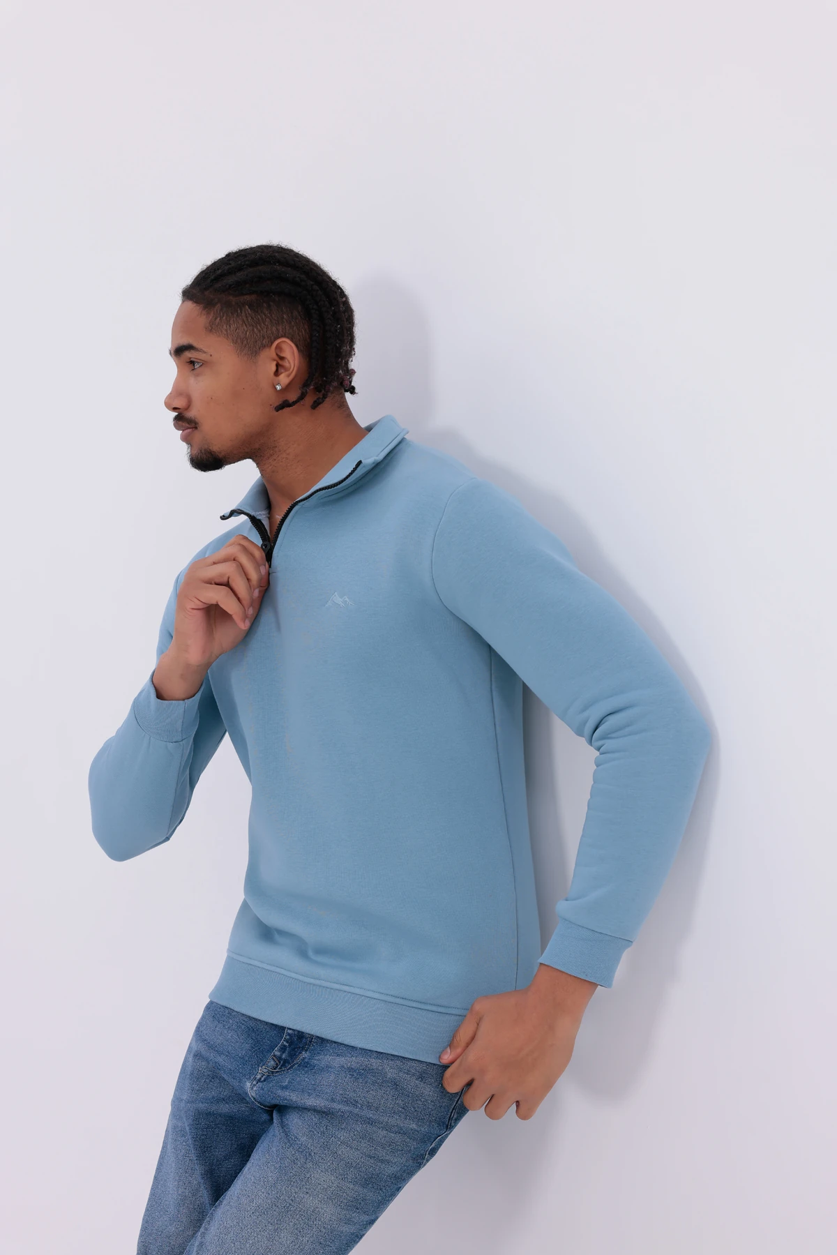 Sıfır4 Yarım Fermuarlı 3 iplik şardonlu  Sweatshirt gökyüzü mavisi