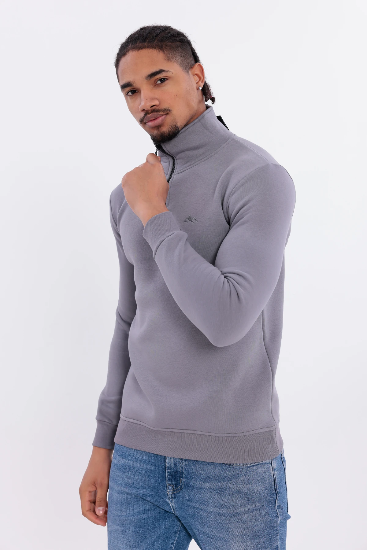 Sıfır4 Yarım Fermuarlı 3 iplik şardonlu  Sweatshirt GRİ