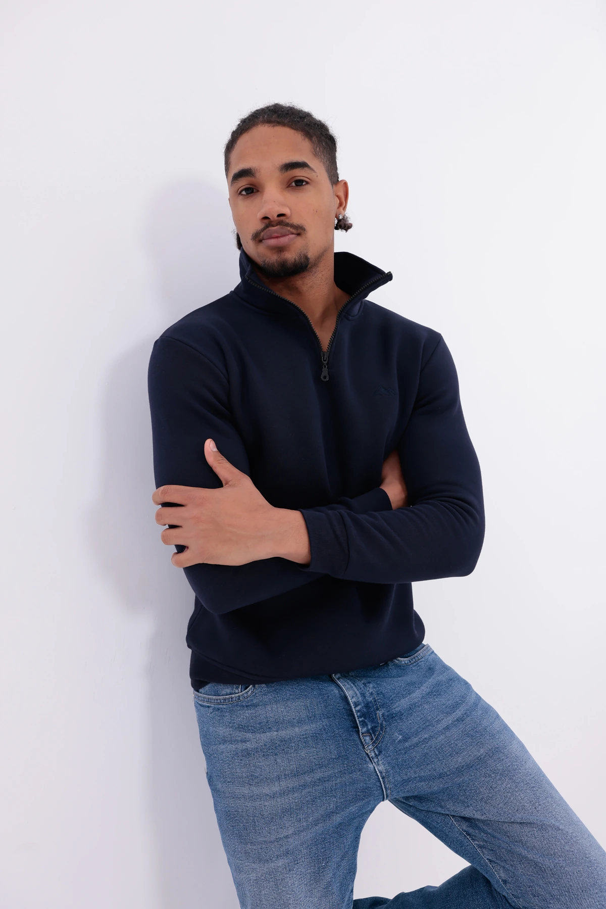 Sıfır4 Yarım Fermuarlı 3 iplik şardonlu  Sweatshirt Lacivert