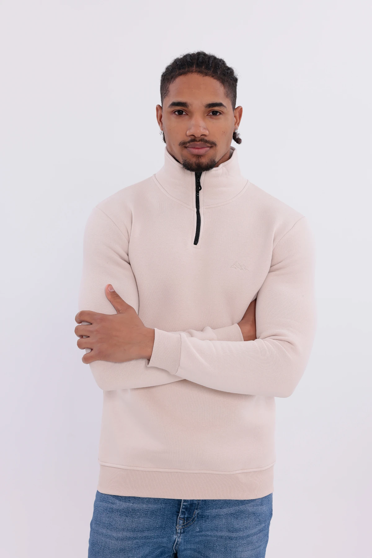 Sıfır4 Yarım Fermuarlı 3 iplik şardonlu  Sweatshirt Krem