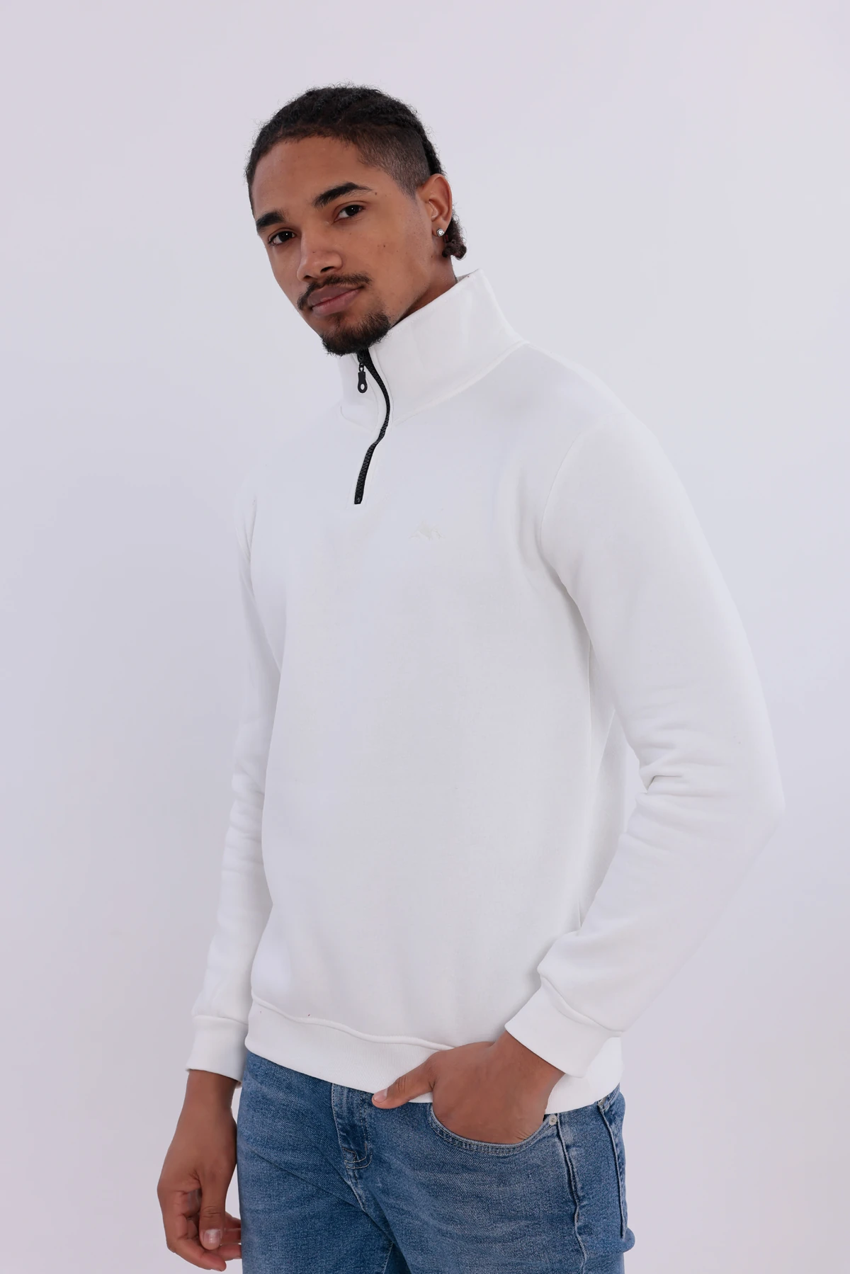 Sıfır4 Yarım Fermuarlı 3 iplik şardonlu  Sweatshirt Beyaz