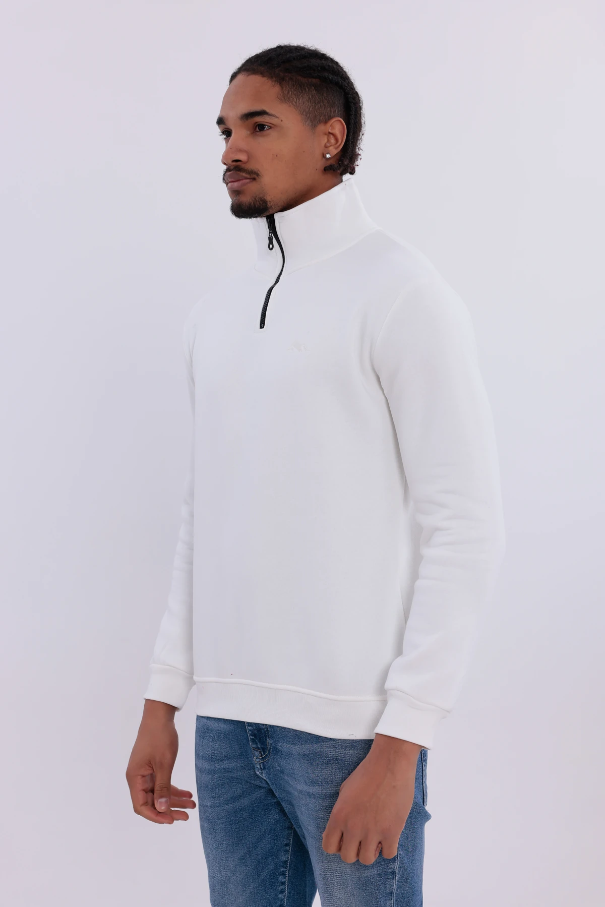 Sıfır4 Yarım Fermuarlı 3 iplik şardonlu  Sweatshirt Beyaz