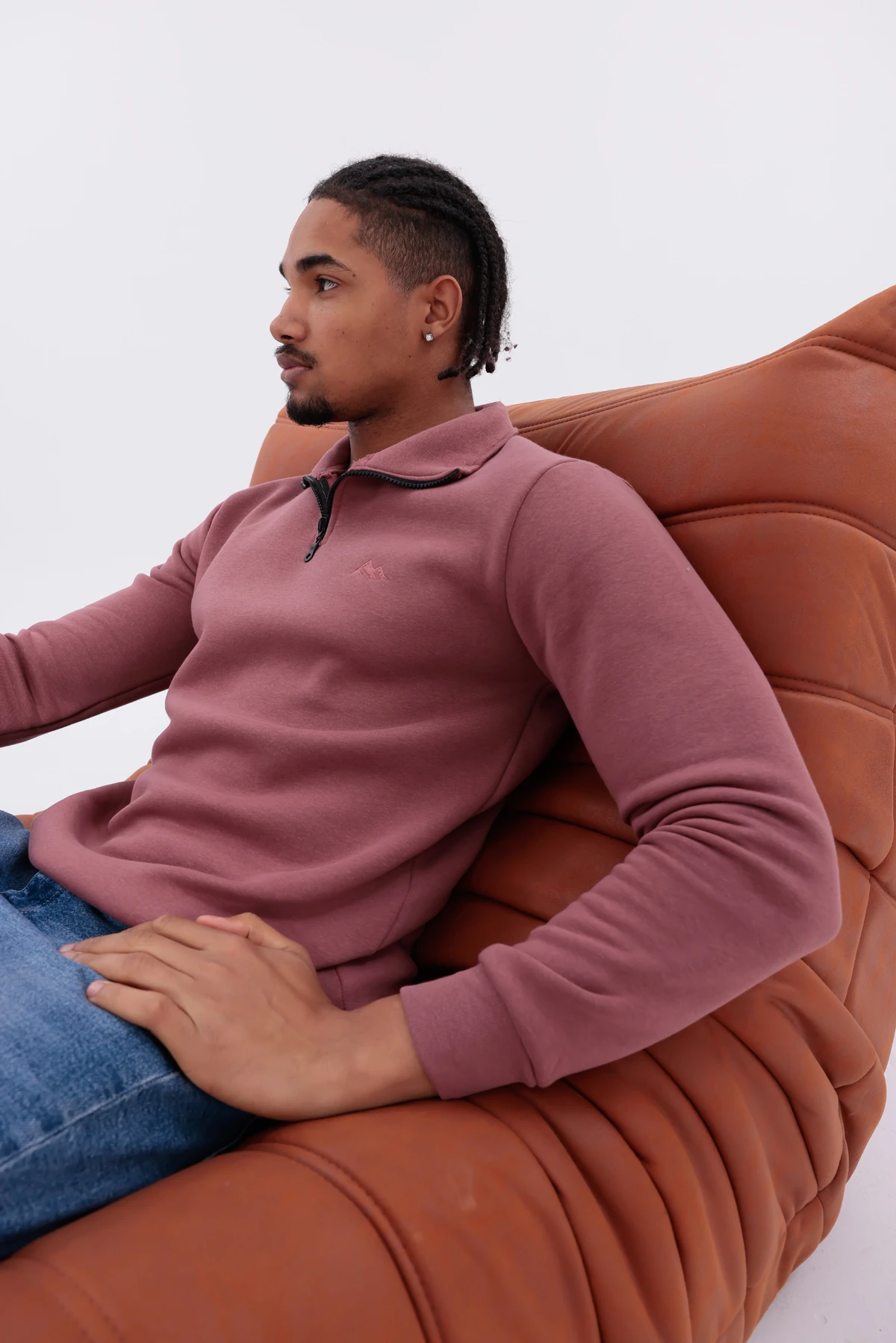 Sıfır4 Yarım Fermuarlı 3 iplik şardonlu  Sweatshirt gökyüzü mavisi Gül Kurusu