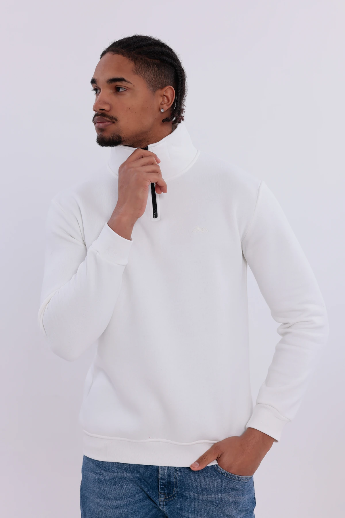 Sıfır4 Yarım Fermuarlı 3 iplik şardonlu  Sweatshirt Beyaz