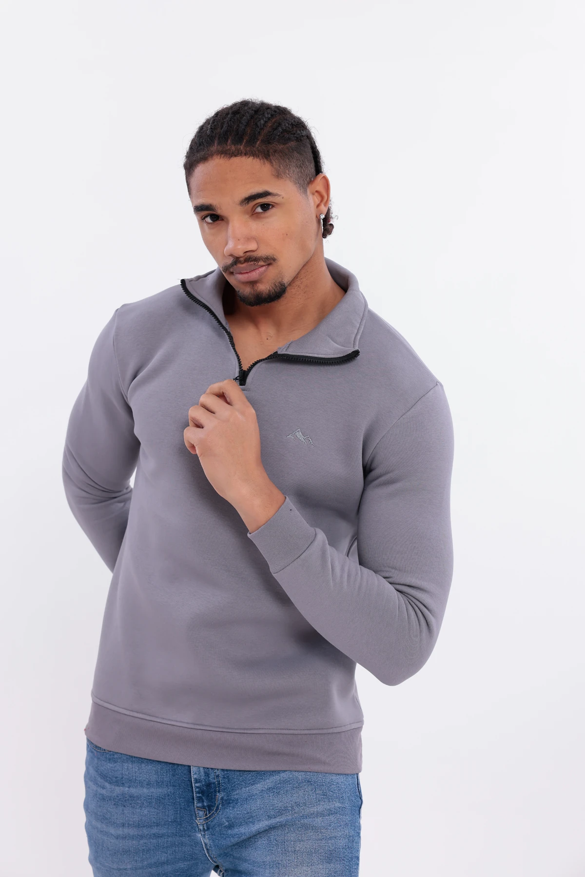 Sıfır4 Yarım Fermuarlı 3 iplik şardonlu  Sweatshirt GRİ