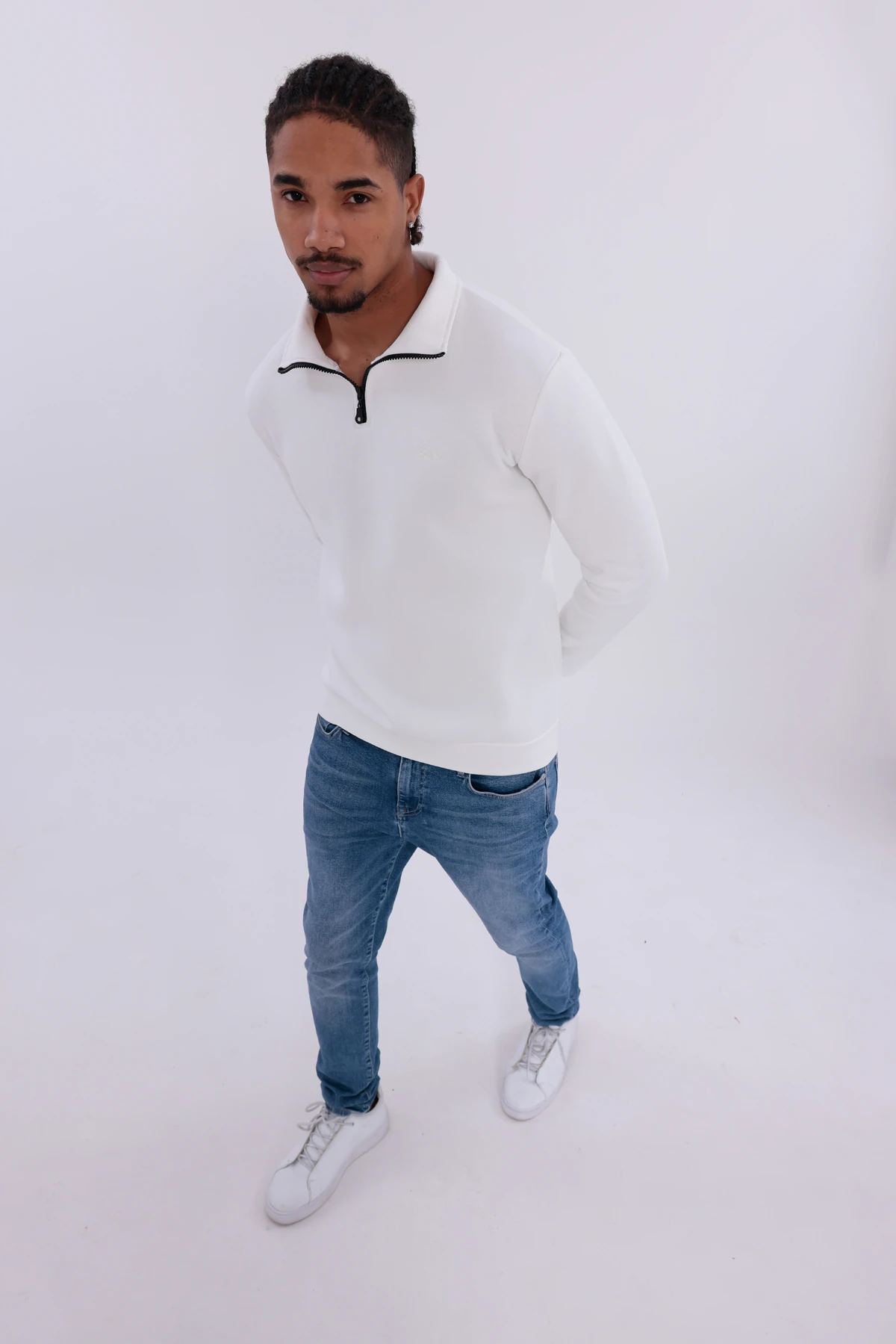 Sıfır4 Yarım Fermuarlı 3 iplik şardonlu  Sweatshirt Beyaz