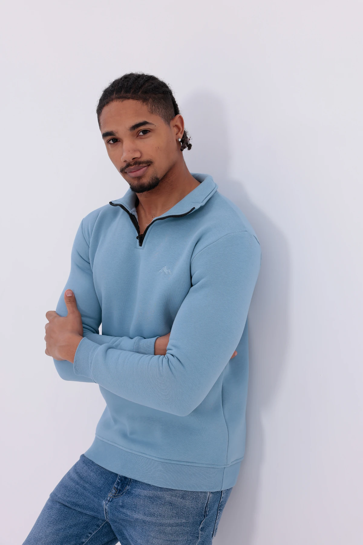 Sıfır4 Yarım Fermuarlı 3 iplik şardonlu  Sweatshirt gökyüzü mavisi