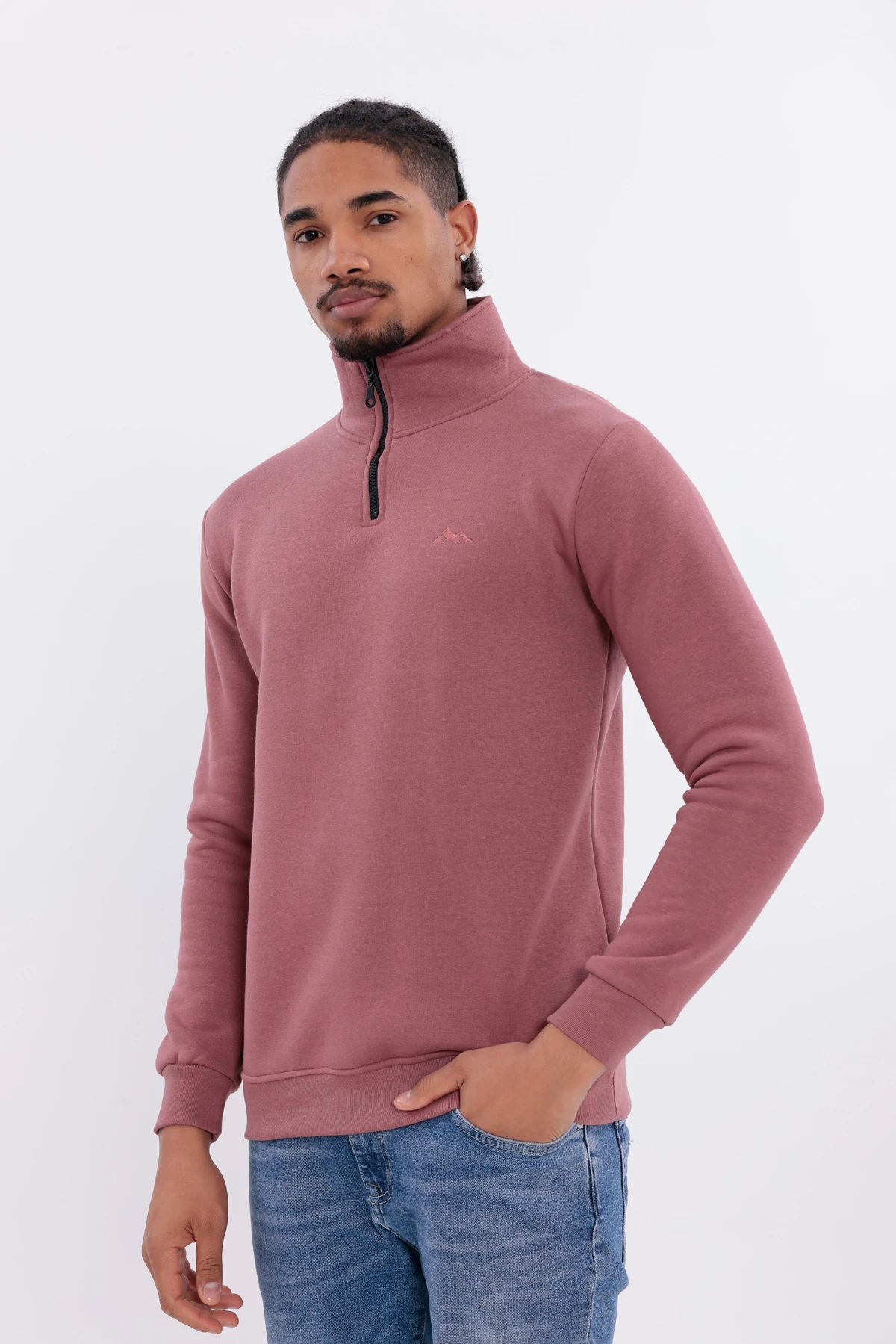 Sıfır4 Yarım Fermuarlı 3 iplik şardonlu  Sweatshirt gökyüzü mavisi Gül Kurusu