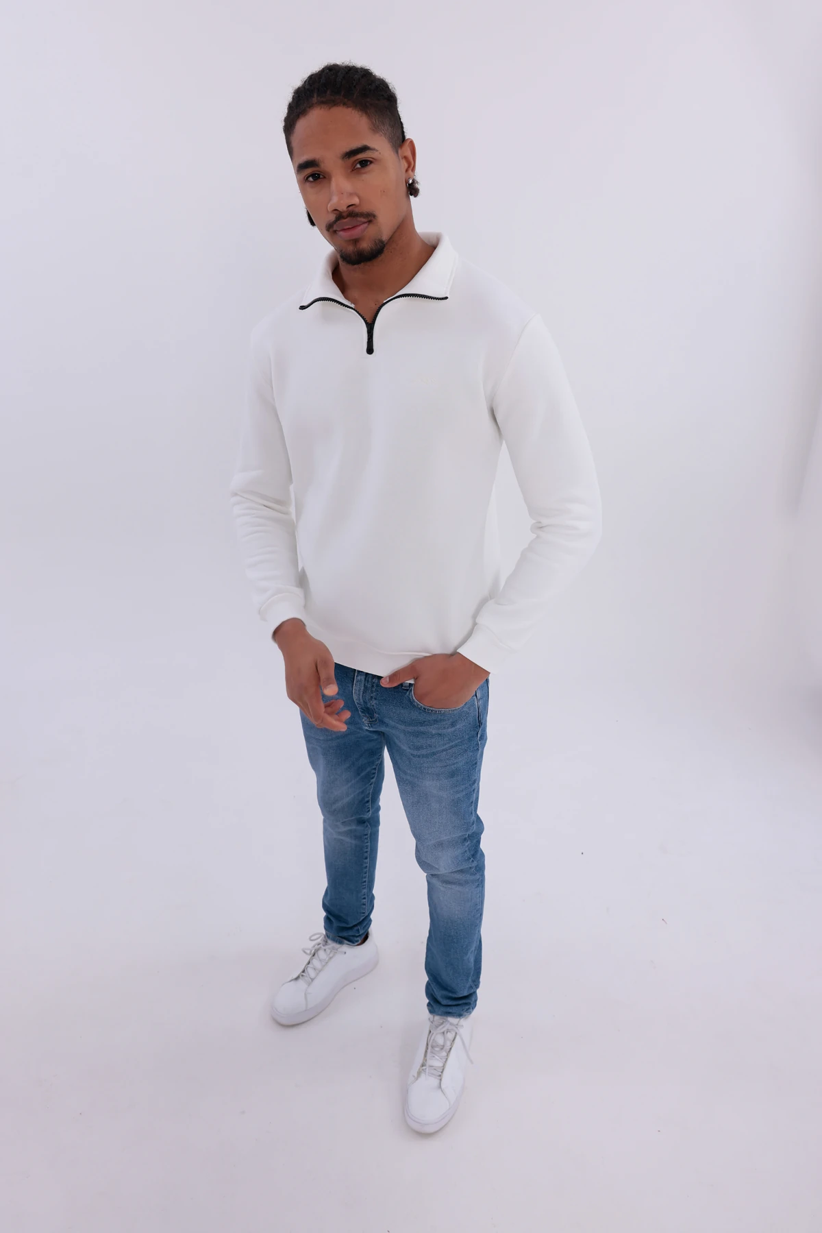 Sıfır4 Yarım Fermuarlı 3 iplik şardonlu  Sweatshirt Beyaz