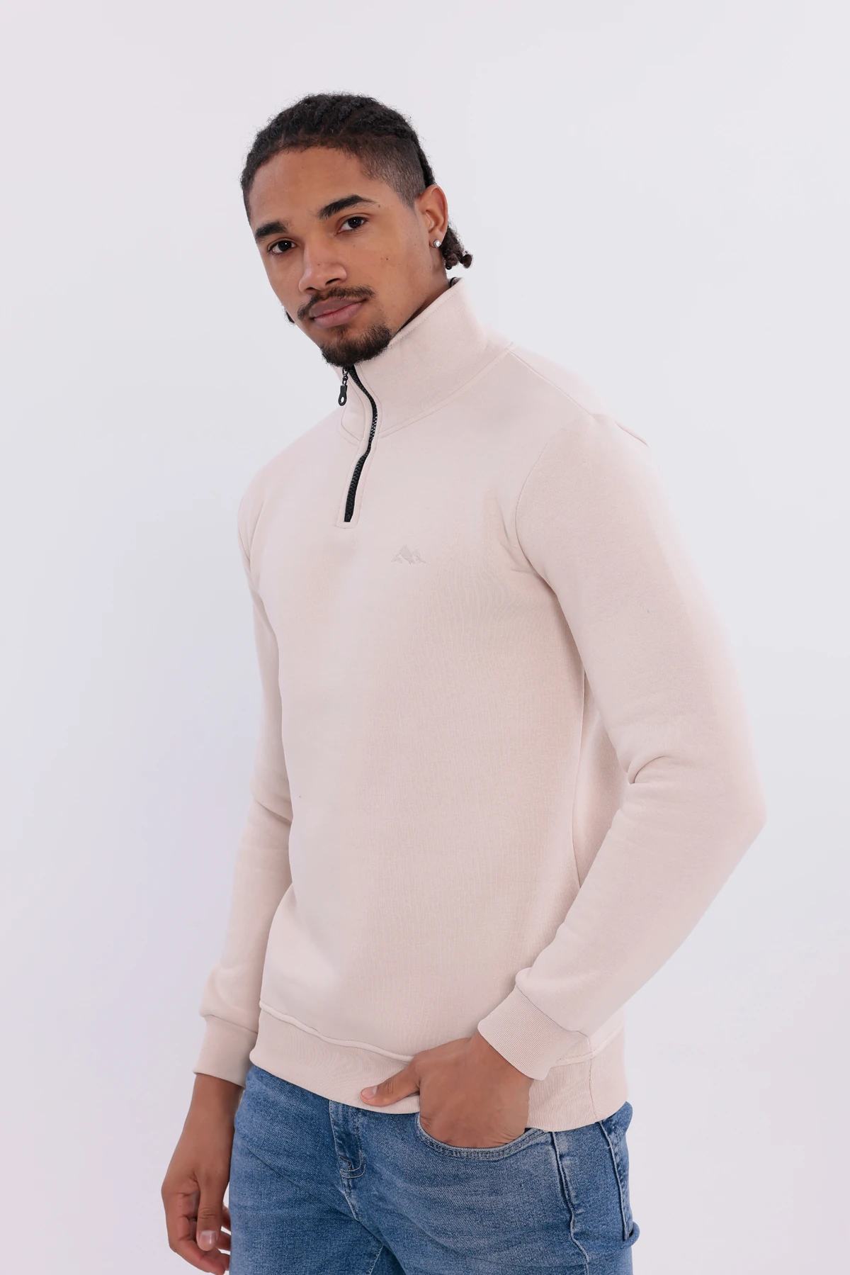 Sıfır4 Yarım Fermuarlı 3 iplik şardonlu  Sweatshirt Krem