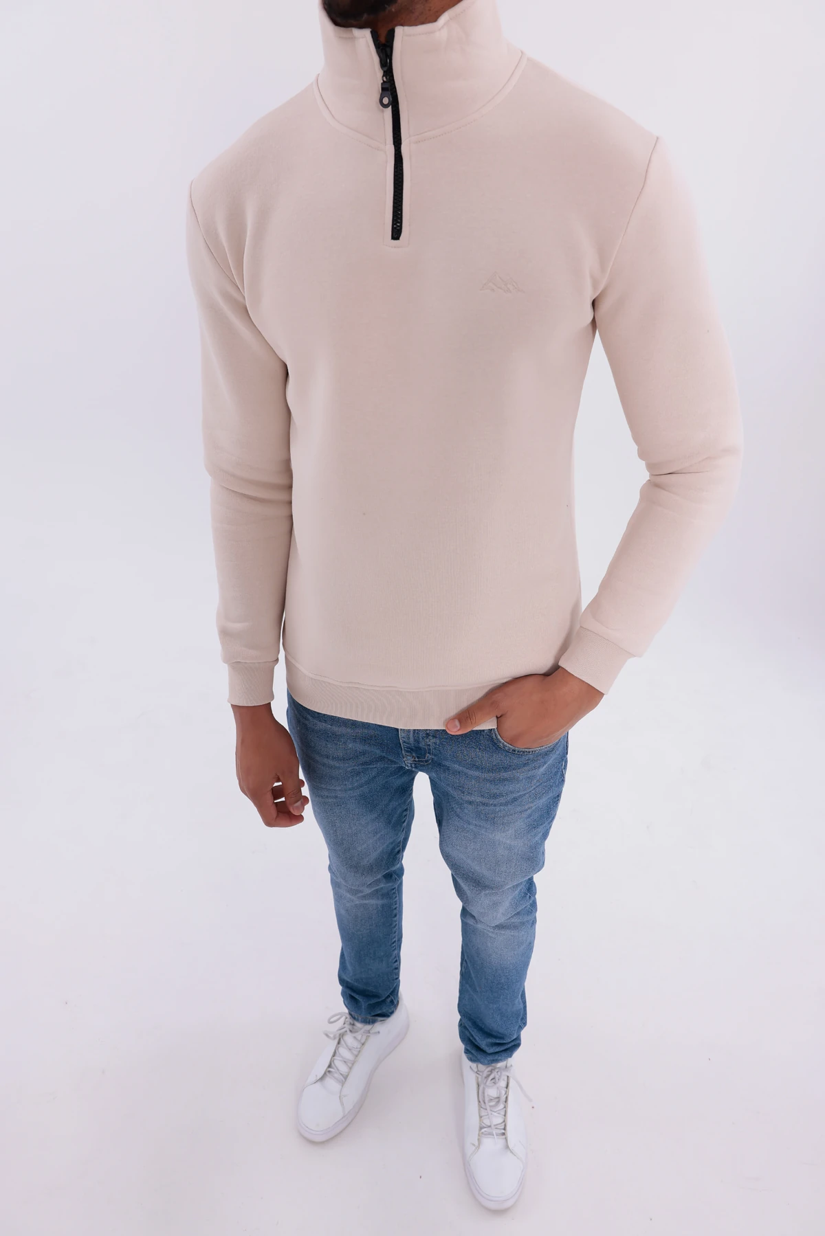 Sıfır4 Yarım Fermuarlı 3 iplik şardonlu  Sweatshirt Krem