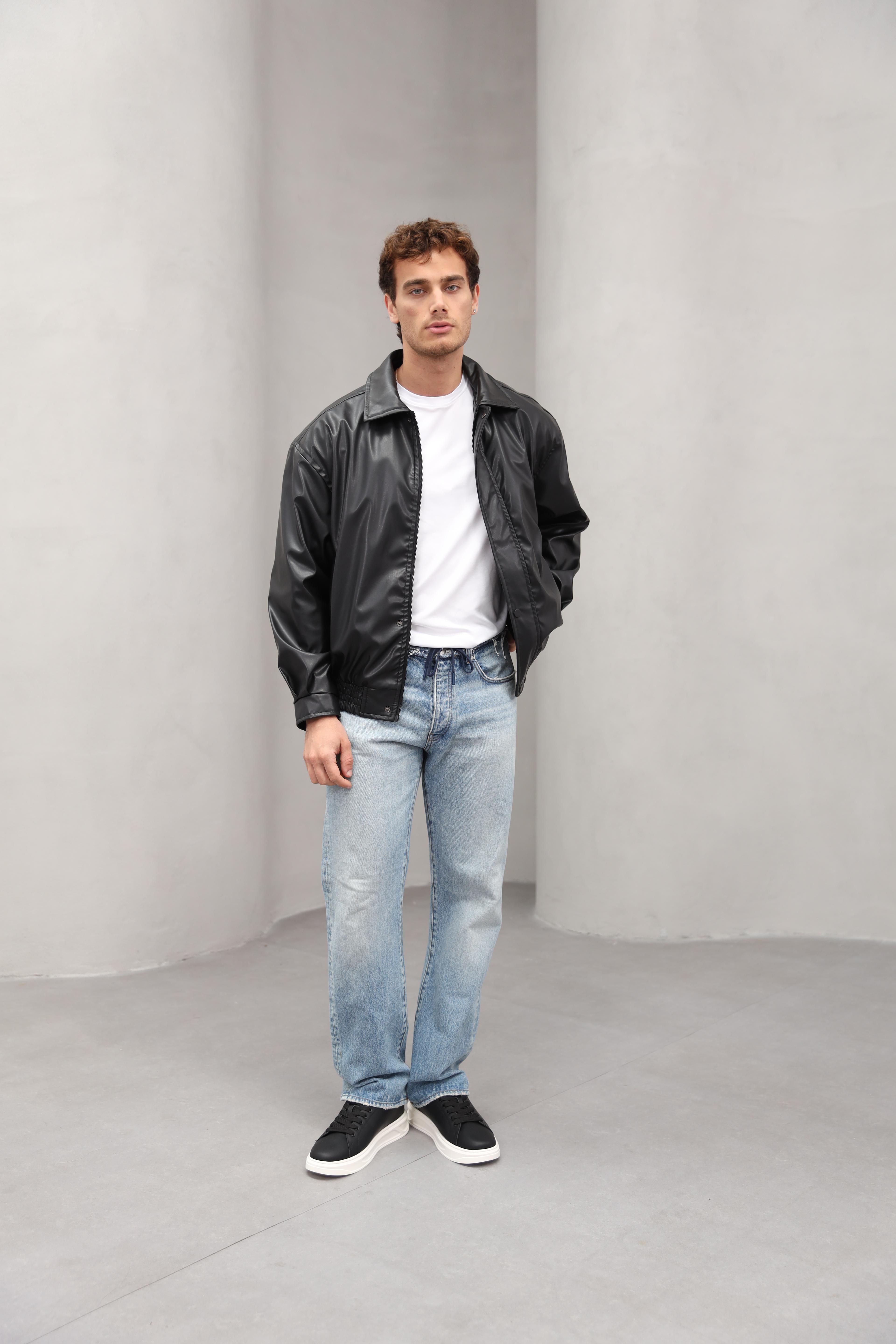 GVZ1035 Gavazzi Vintage Oversize Erkek Bel Lastikli Siyah Deri Ceket