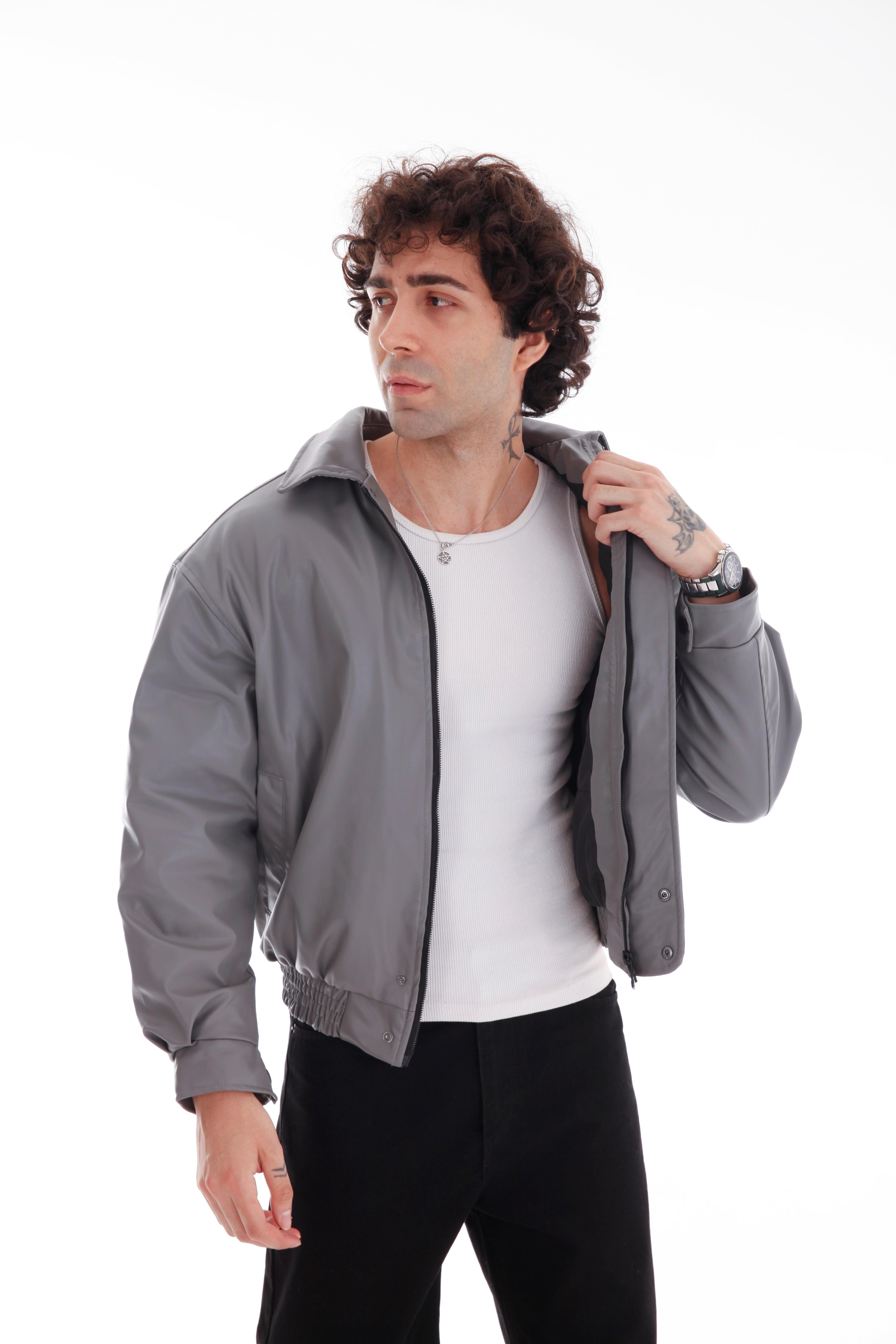 GVZ1035 Gavazzi Vintage Oversize Erkek Bel Lastikli Siyah Deri Ceket - Gri