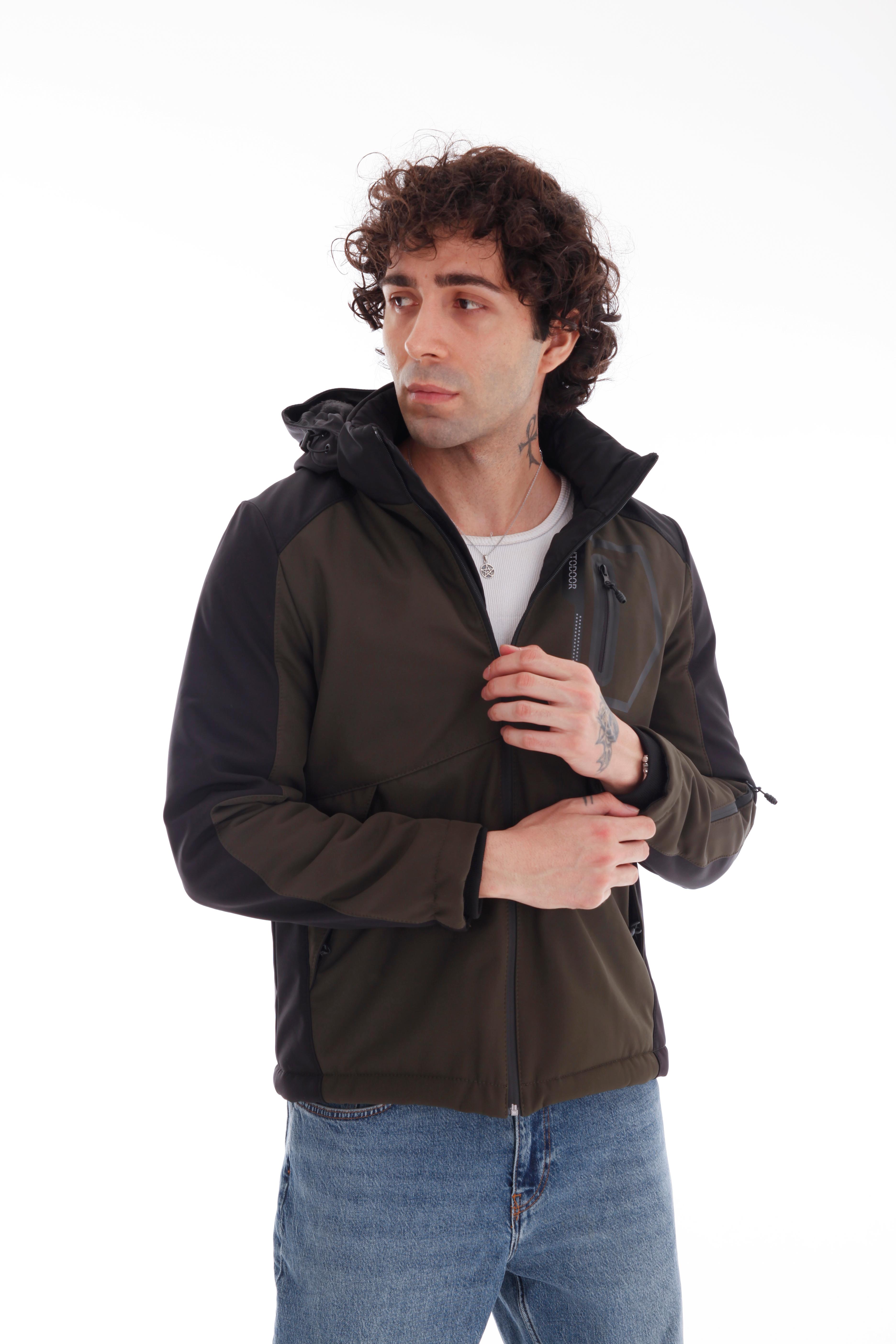 GVZ1028 Battal Beden Gavazzi Outdoor Kapitone İçi Kürklü Çift Renkli Softshell Mont - Haki