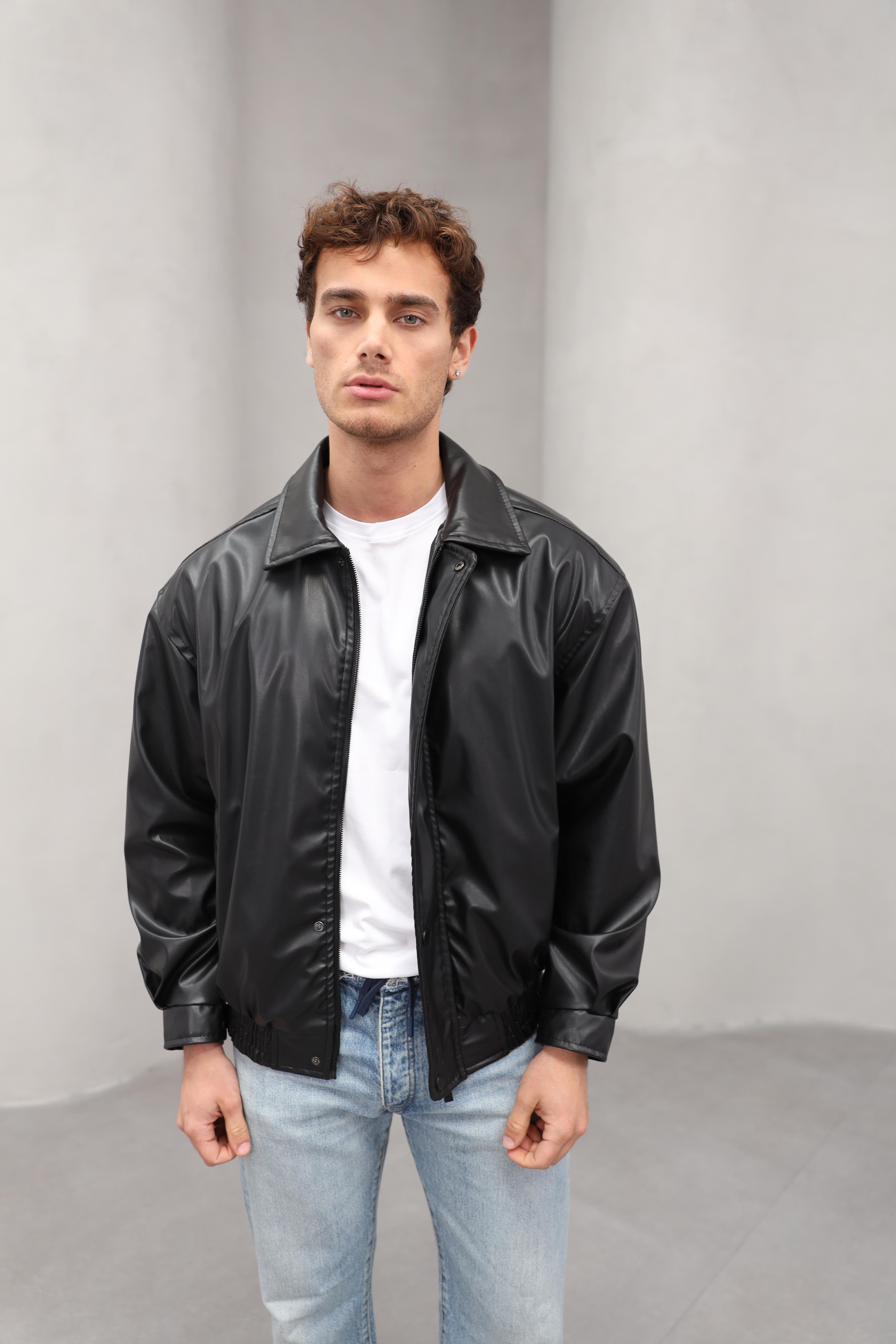 GVZ1035 Gavazzi Vintage Oversize Erkek Bel Lastikli Siyah Deri Ceket