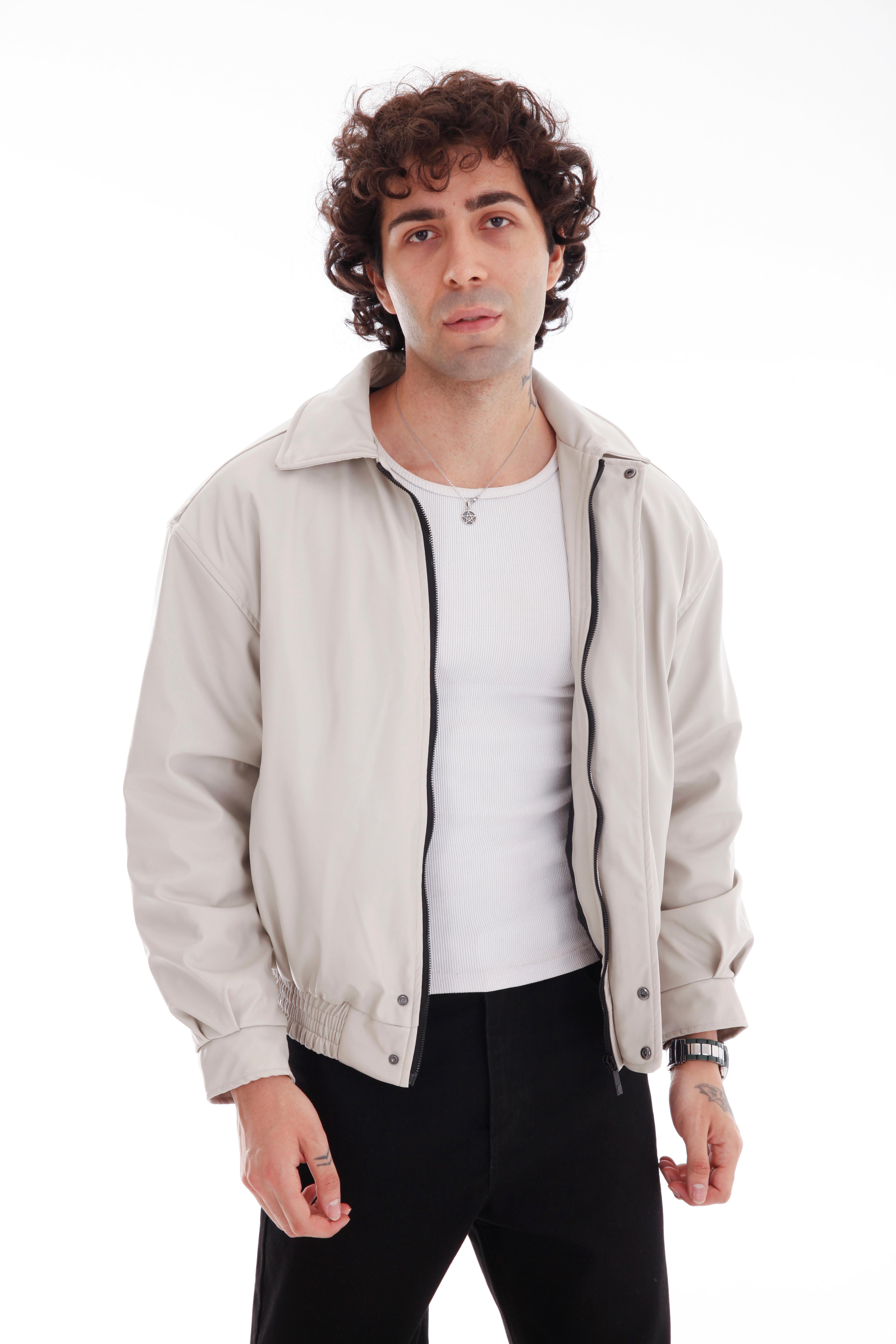 GVZ1035 Gavazzi Vintage Oversize Erkek Bel Lastikli Siyah Deri Ceket - Bej