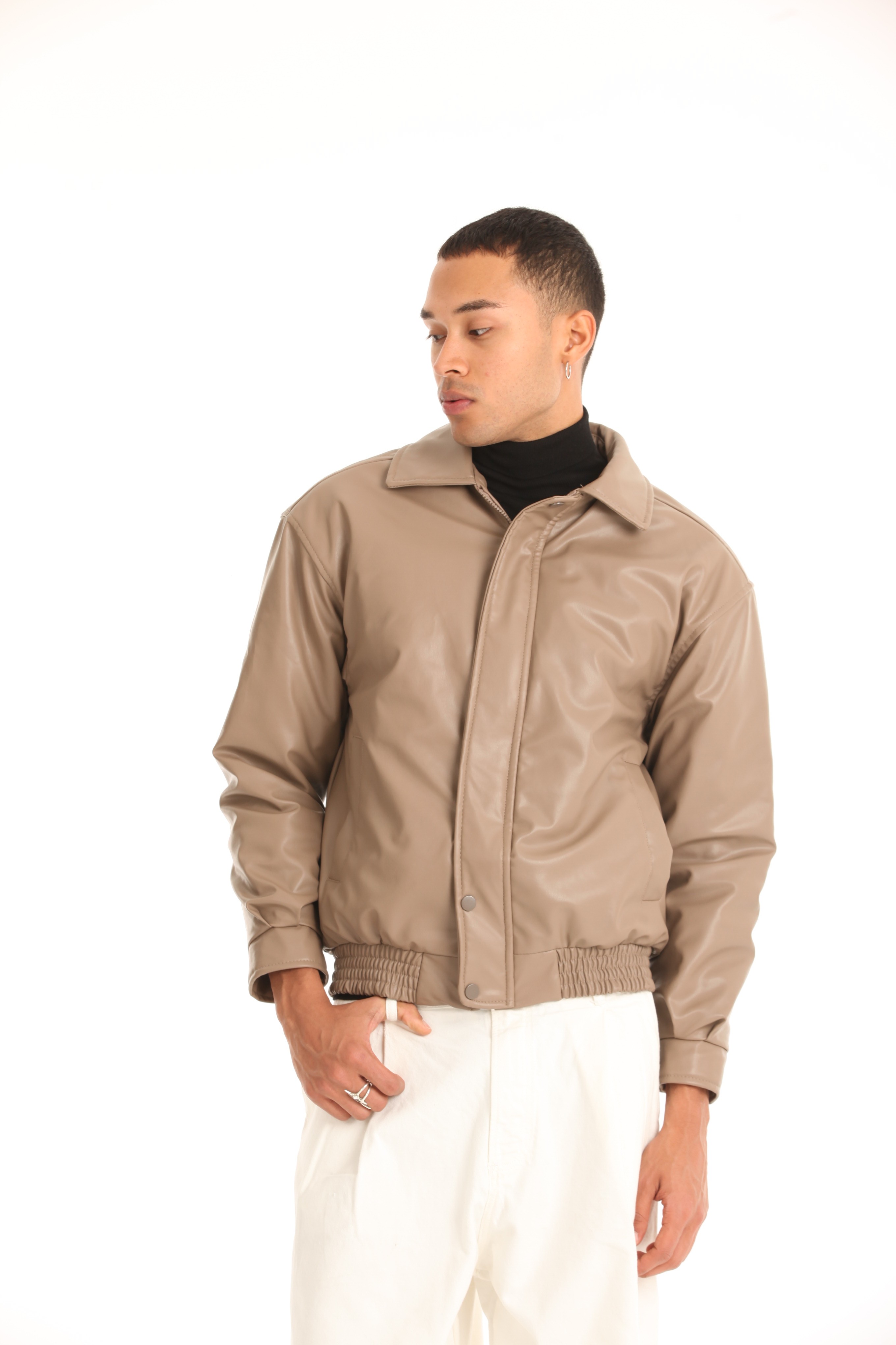 GVZ1035 Gavazzi Vintage Oversize Erkek Bel Lastikli Siyah Deri Ceket - Taba