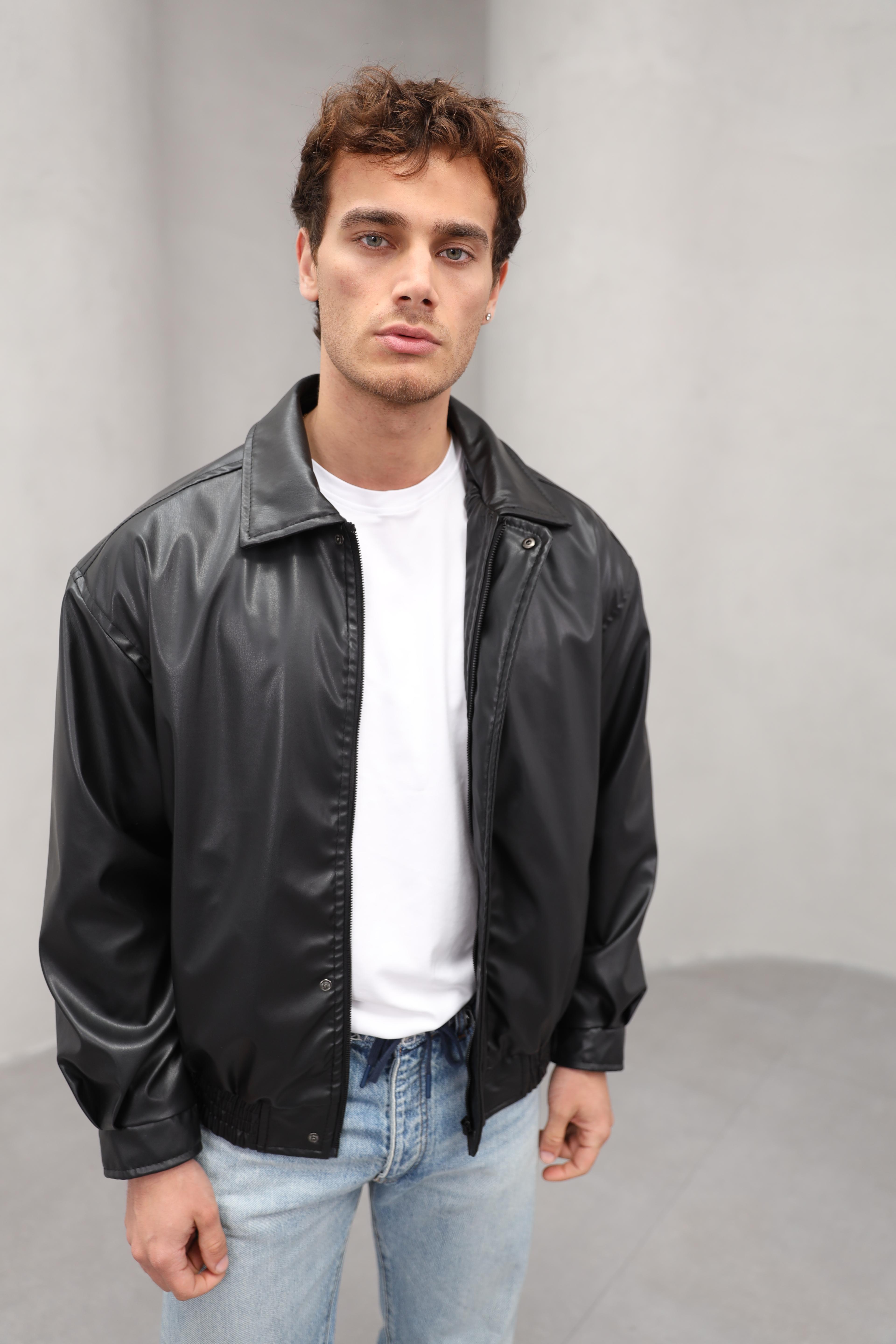 GVZ1035 Gavazzi Vintage Oversize Erkek Bel Lastikli Siyah Deri Ceket