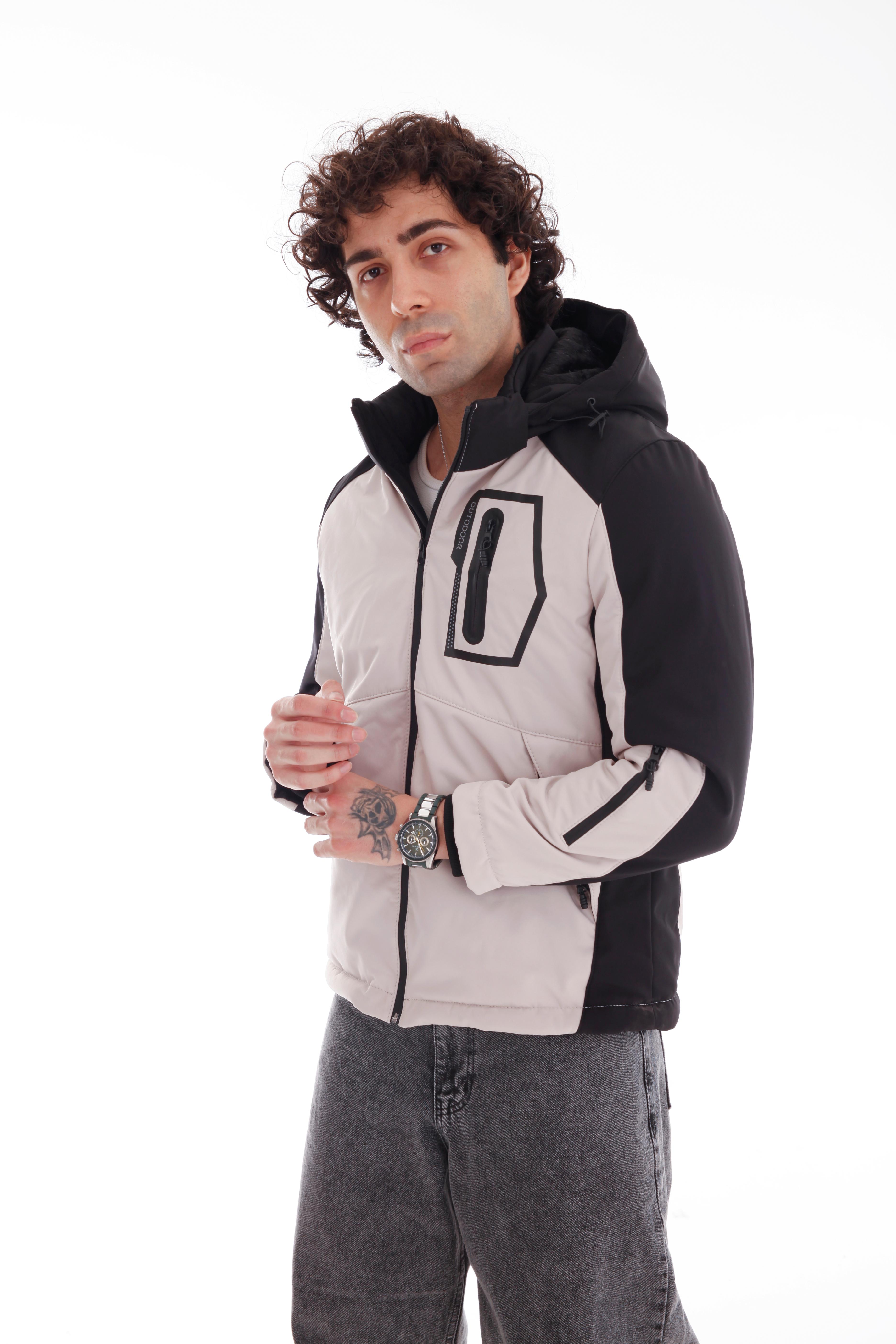 GVZ1028 Battal Beden Gavazzi Outdoor Kapitone İçi Kürklü Çift Renkli Softshell Mont - Taş