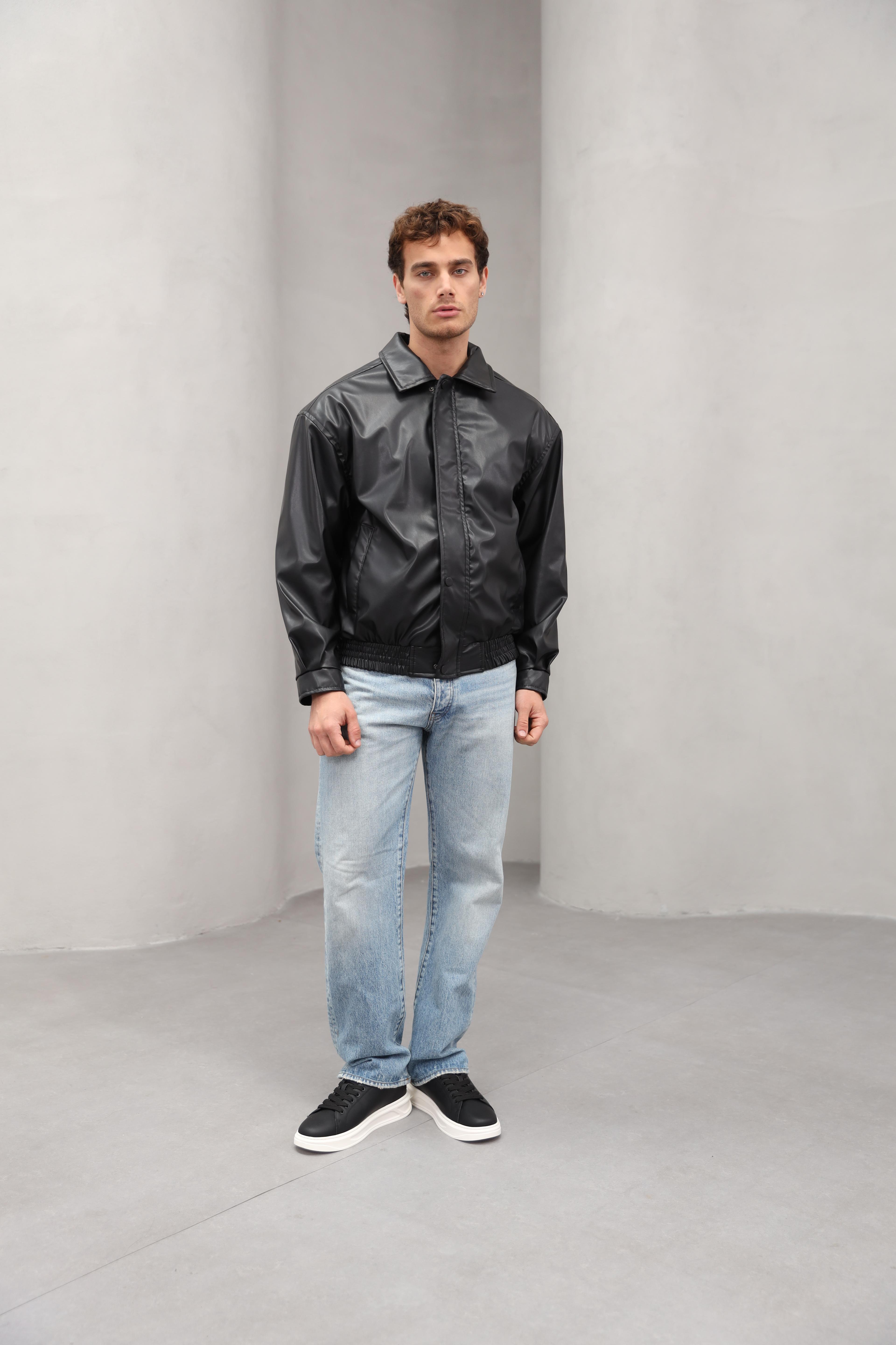 GVZ6010 Oversize Deri Ceket - Siyah