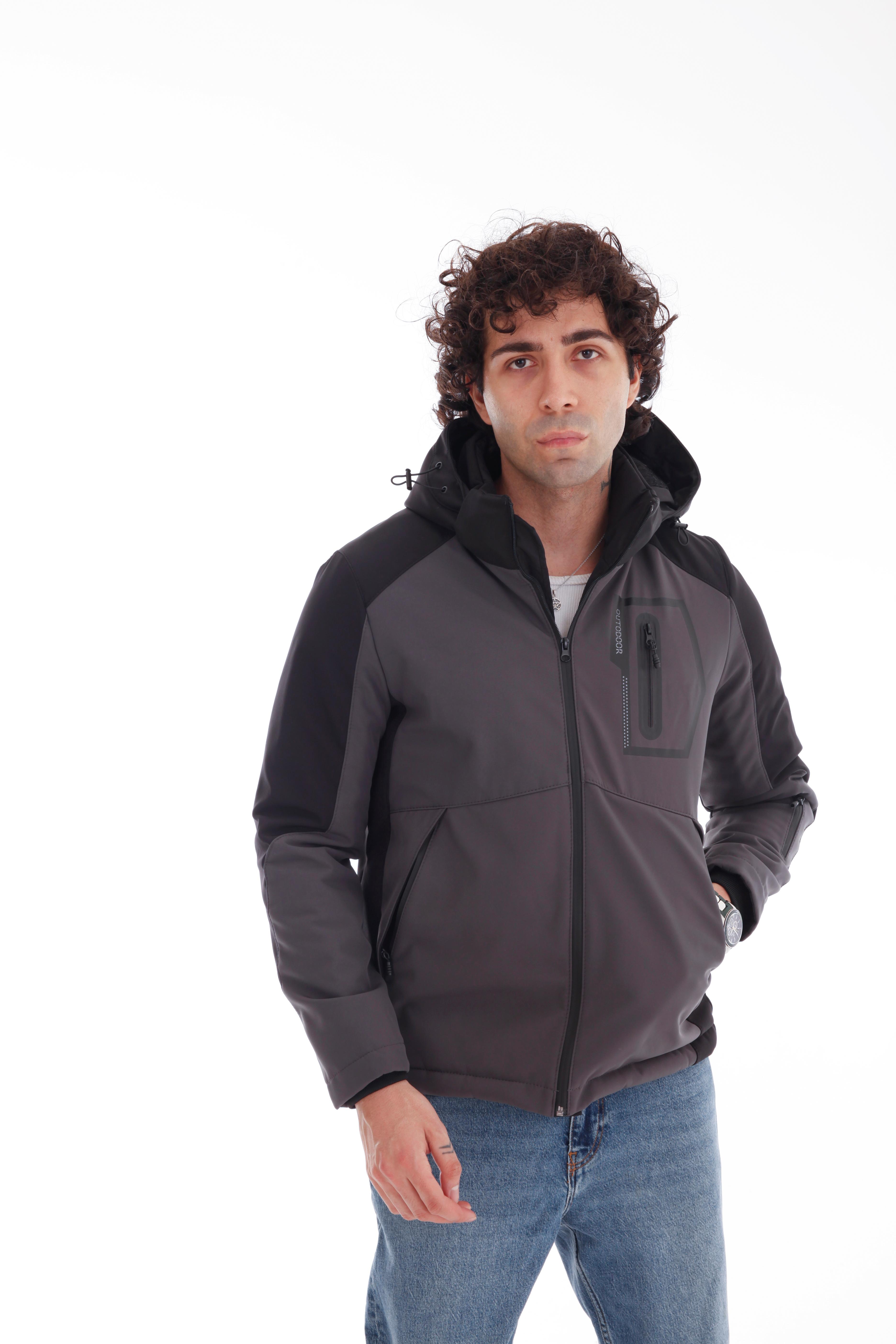 GVZ1028 Battal Beden Gavazzi Outdoor Kapitone İçi Kürklü Çift Renkli Softshell Mont - Gri