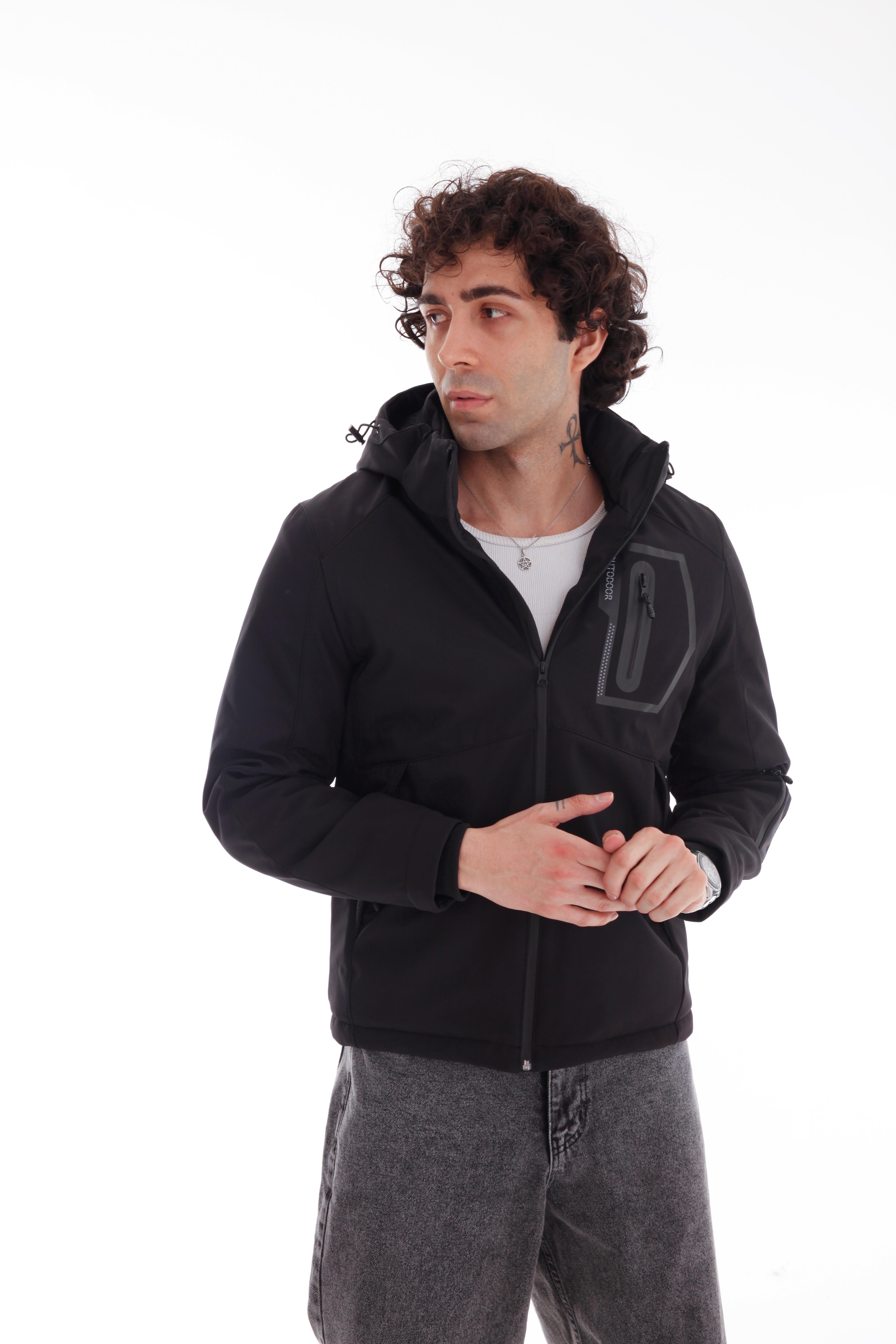 GVZ1028 Battal Beden Gavazzi Outdoor Kapitone İçi Kürklü Çift Renkli Softshell Mont - Siyah