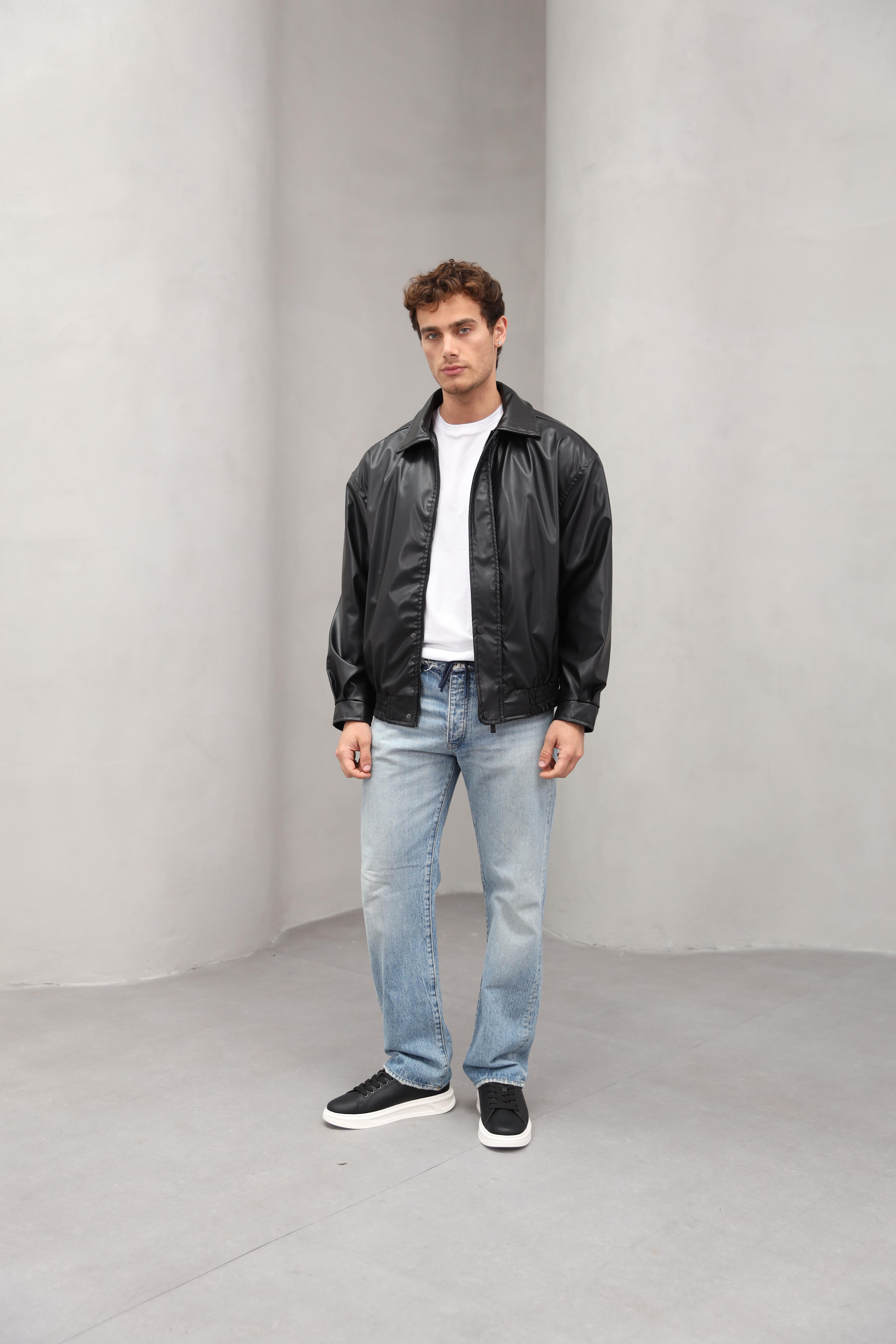 GVZ1035 Gavazzi Vintage Oversize Erkek Bel Lastikli Siyah Deri Ceket - Siyah