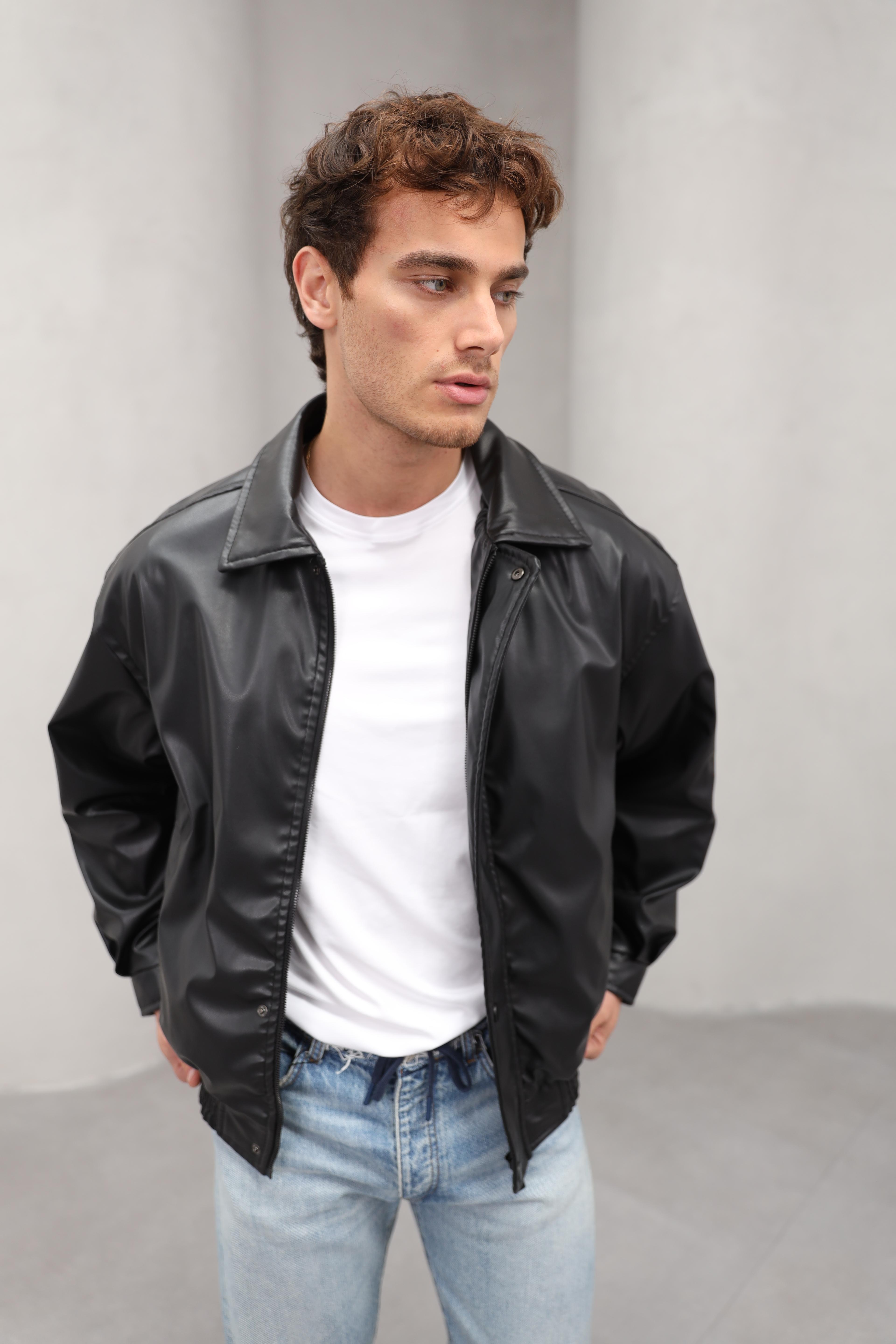 GVZ1035 Gavazzi Vintage Oversize Erkek Bel Lastikli Siyah Deri Ceket