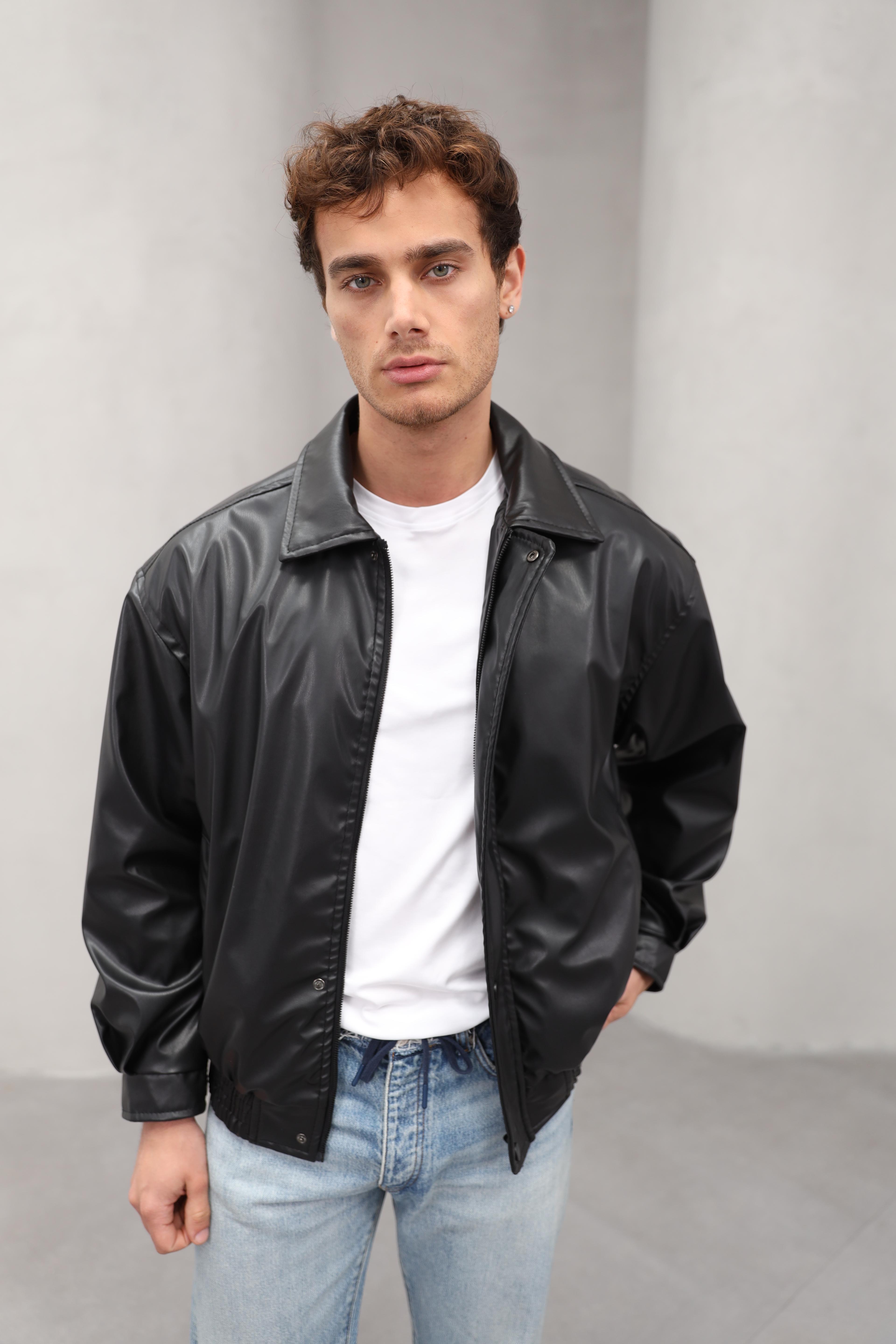 GVZ1035 Gavazzi Vintage Oversize Erkek Bel Lastikli Siyah Deri Ceket