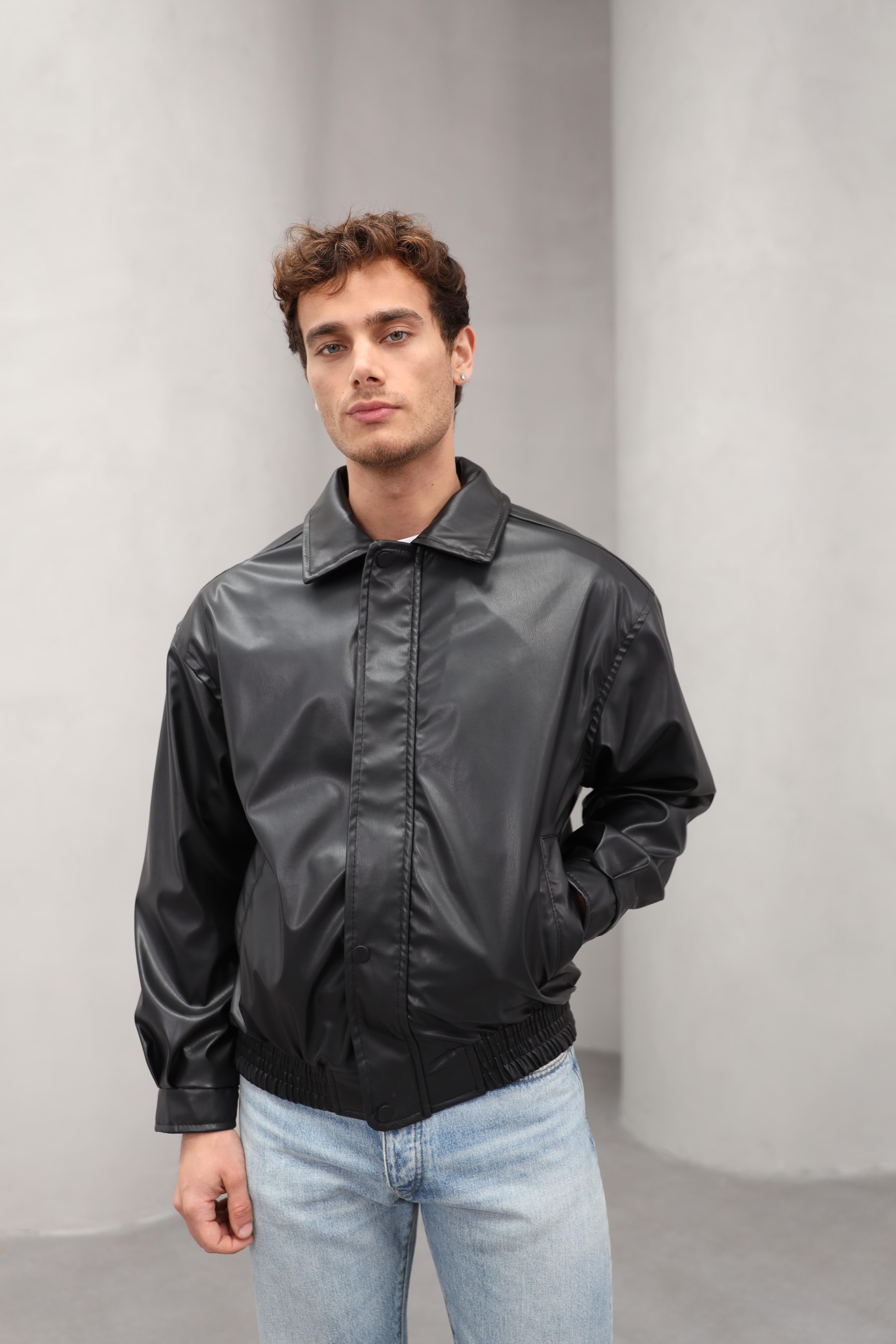 GVZ1035 Gavazzi Vintage Oversize Erkek Bel Lastikli Siyah Deri Ceket