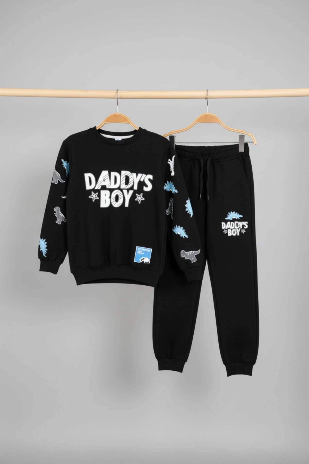 "Daddy's Boy" Yazılı Dinazor Baskılı Siyah Çocuk Eşofman Takımı