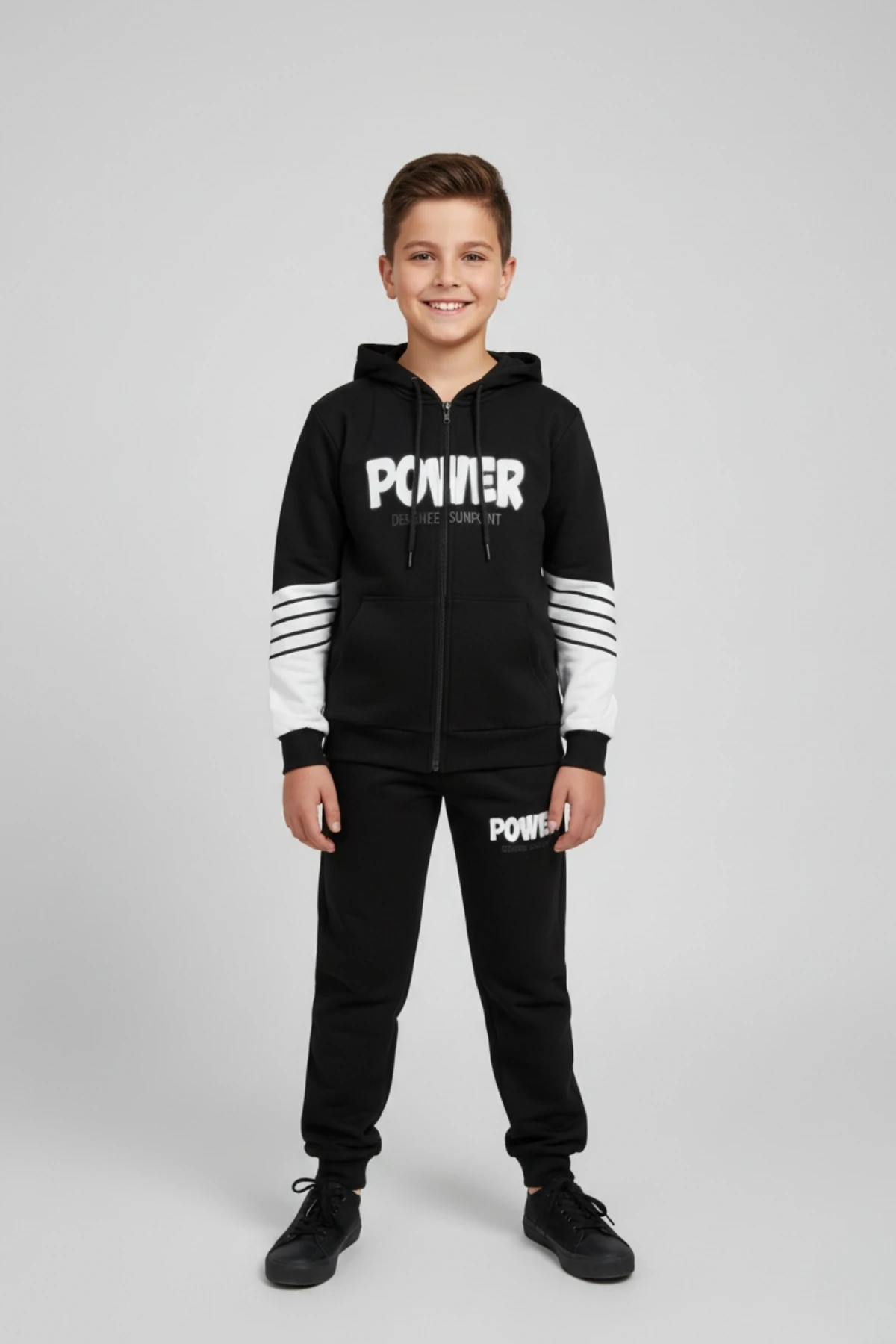 "Power" Baskılı, Kolları Çizgili Siyah Kapüşonlu Çocuk Eşofman Takımı
