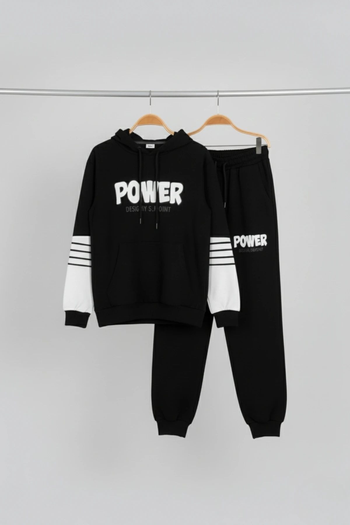 "Power" Baskılı, Kolları Çizgili Siyah Kapüşonlu Çocuk Eşofman Takımı