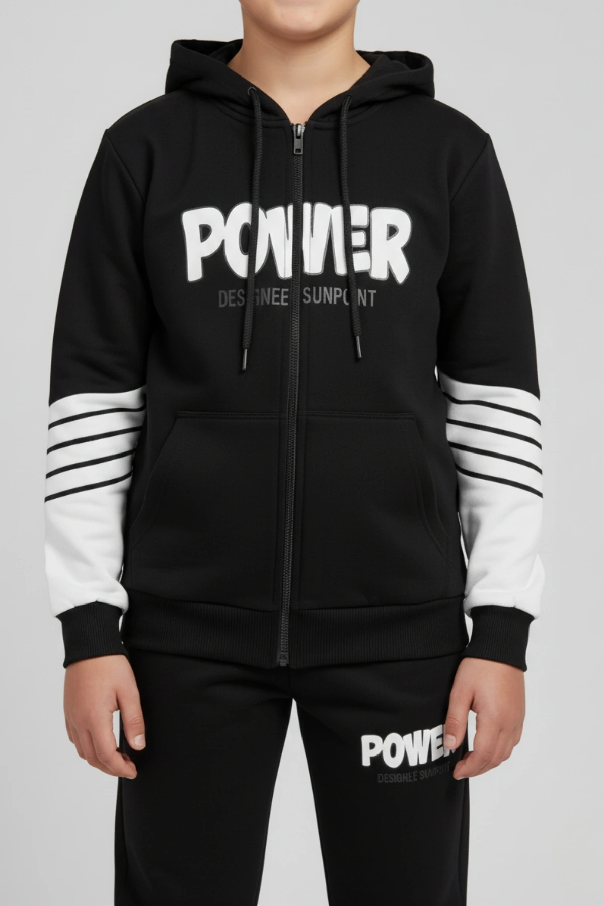 "Power" Baskılı, Kolları Çizgili Siyah Kapüşonlu Çocuk Eşofman Takımı